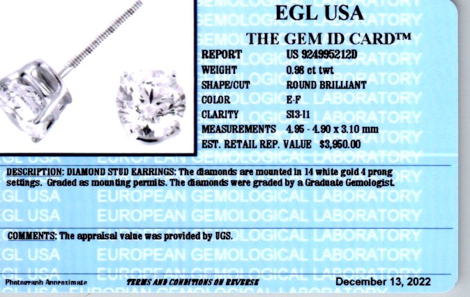 0.98 ct. Round Diamond Basket Setting Studs in 14k White Gold