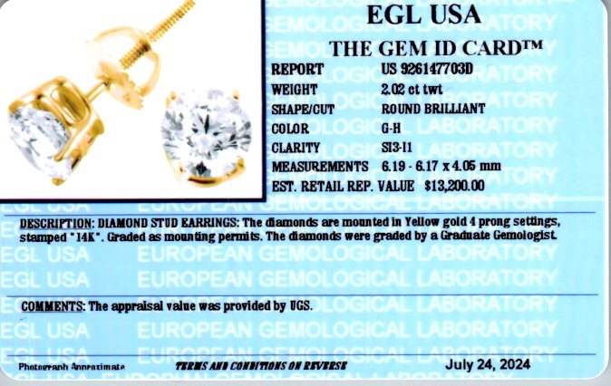 2.02 ct Studs-2, Basket Setting Diamond 14k Yellow Gold-205293
