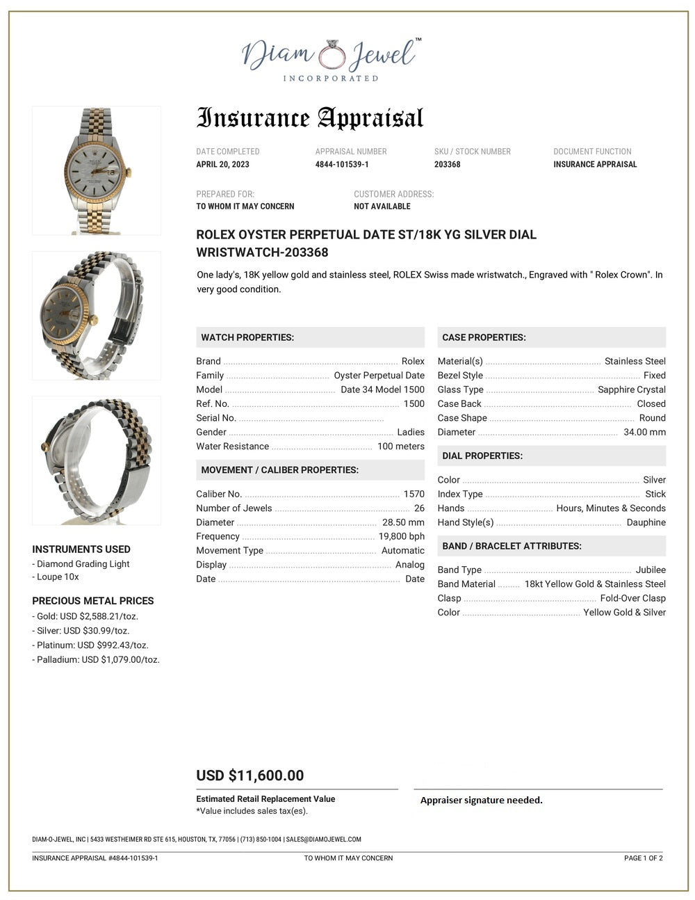 Rolex Date 34 Stainless-steel 1500 Silver Dial Womens 34-mm Automatic self-wind Sapphire crystal. Swiss Made Wrist Watch