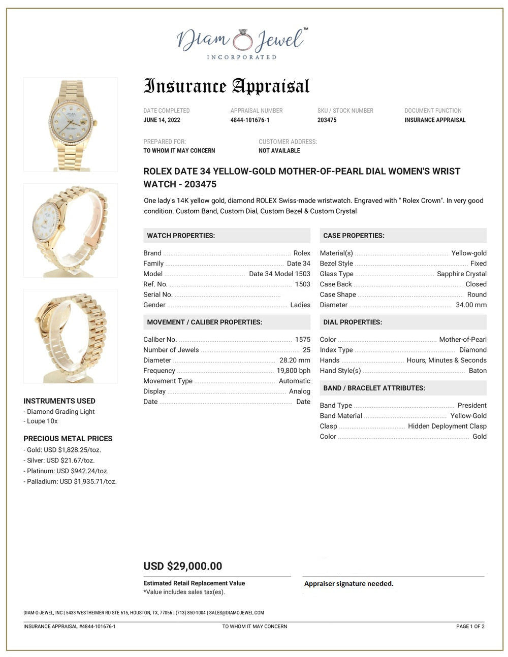 Rolex Date 34 Yellow-gold 1503 Mother-of-Pearl Dial Women's 34-mm Automatic-self-wind Sapphire crystal. Swiss-Made Wrist Watch
