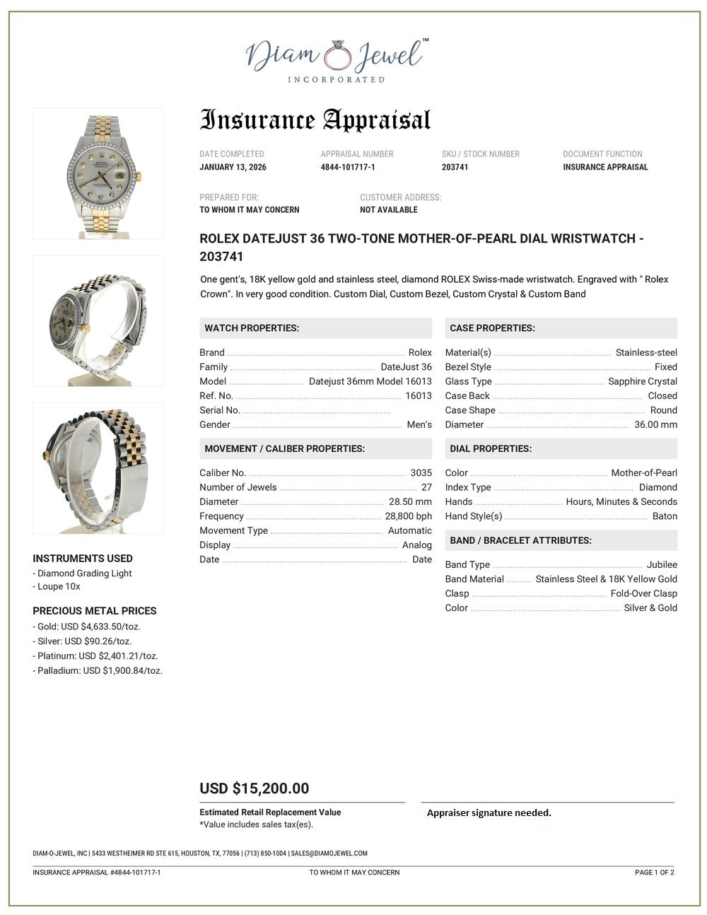 Rolex DateJust 36 Stainless-steel 16013 Mother-of-Pearl Dial Mens 36-mm Automatic self-wind Sapphire crystal. Swiss Made Wrist Watch