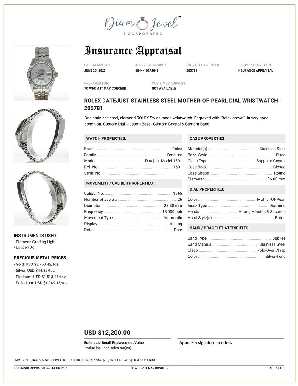Rolex DateJust 36 Stainless-steel 1601 Mother-of-Pearl Dial Mens 36-mm Automatic-self-wind Sapphire crystal. Swiss Made Wrist Watch
