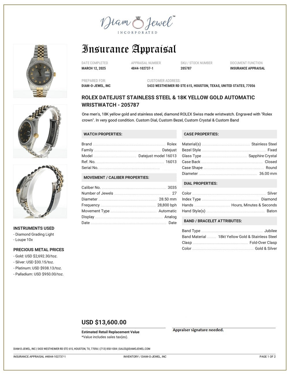 Rolex DateJust 36 Stainless-steel 16013 Silver Dial Mens 36-mm Automatic self-wind Sapphire crystal. Swiss Made Wristwatch