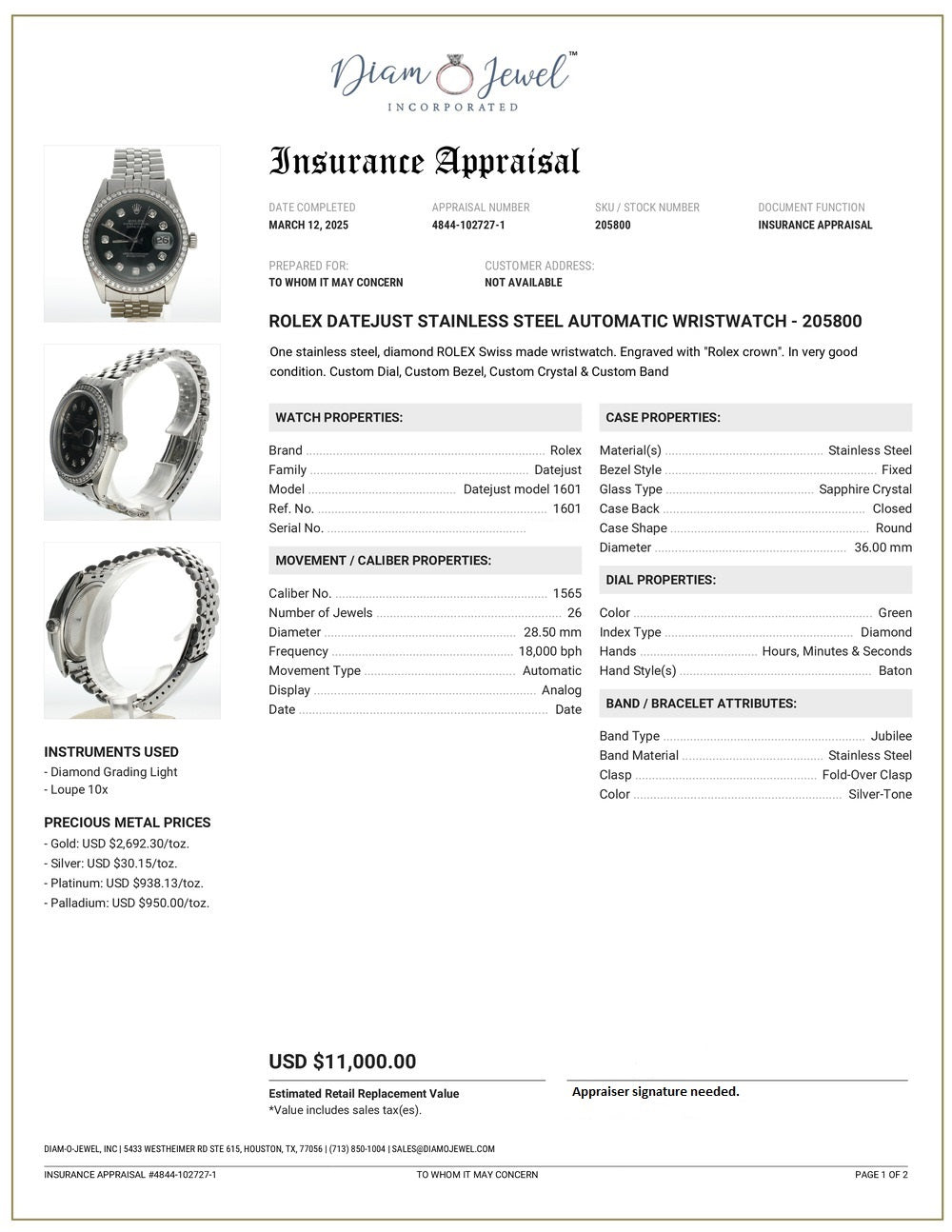 Rolex DateJust 36 Stainless-steel 1601 Green Dial Mens 36-mm Automatic self-wind Sapphire crystal. Swiss Made Wrist Watch