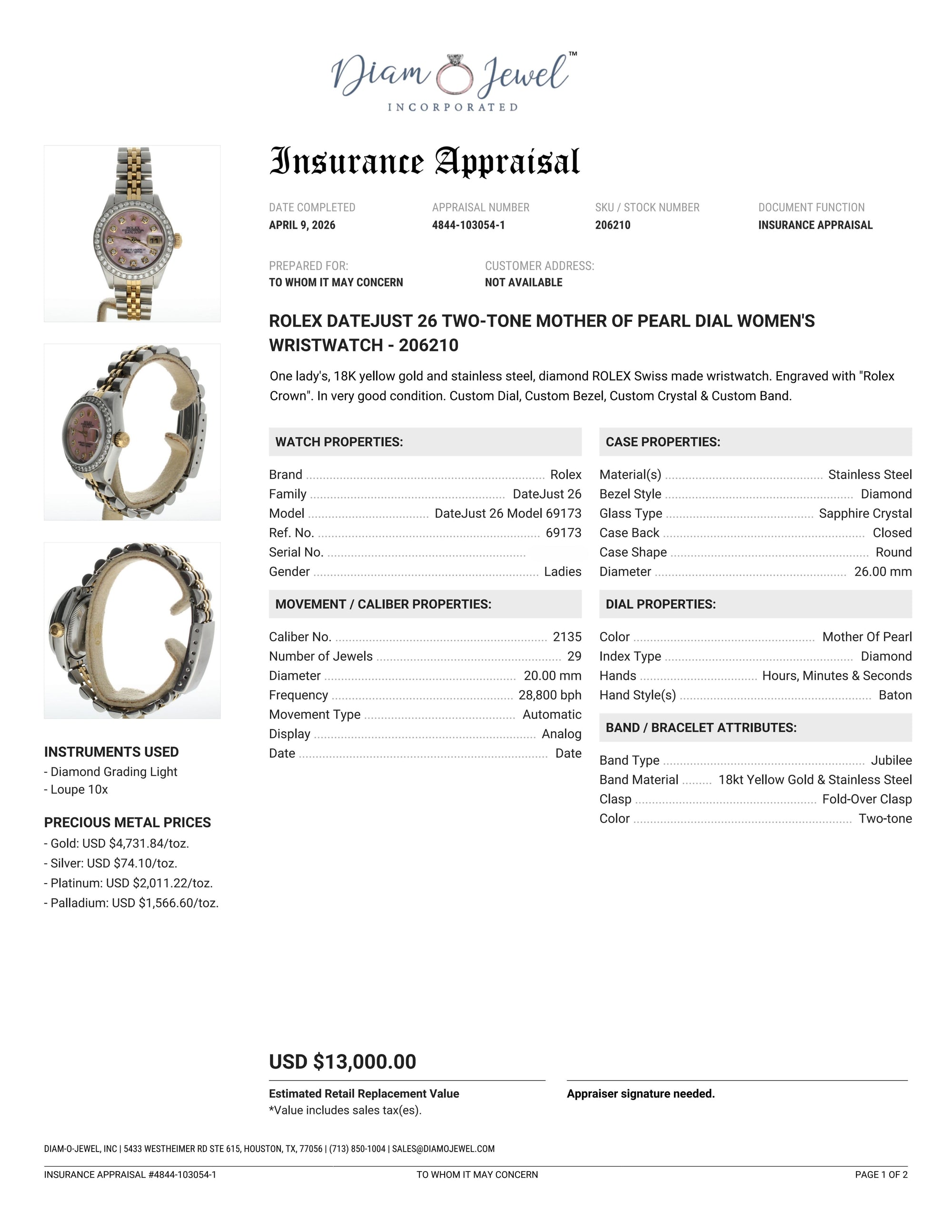 Rolex DateJust 26 Stainless-steel 69173 Mother-of-Pearl Dial Womens 26-mm Automatic self-wind Sapphire crystal. Swiss Made Wrist Watch