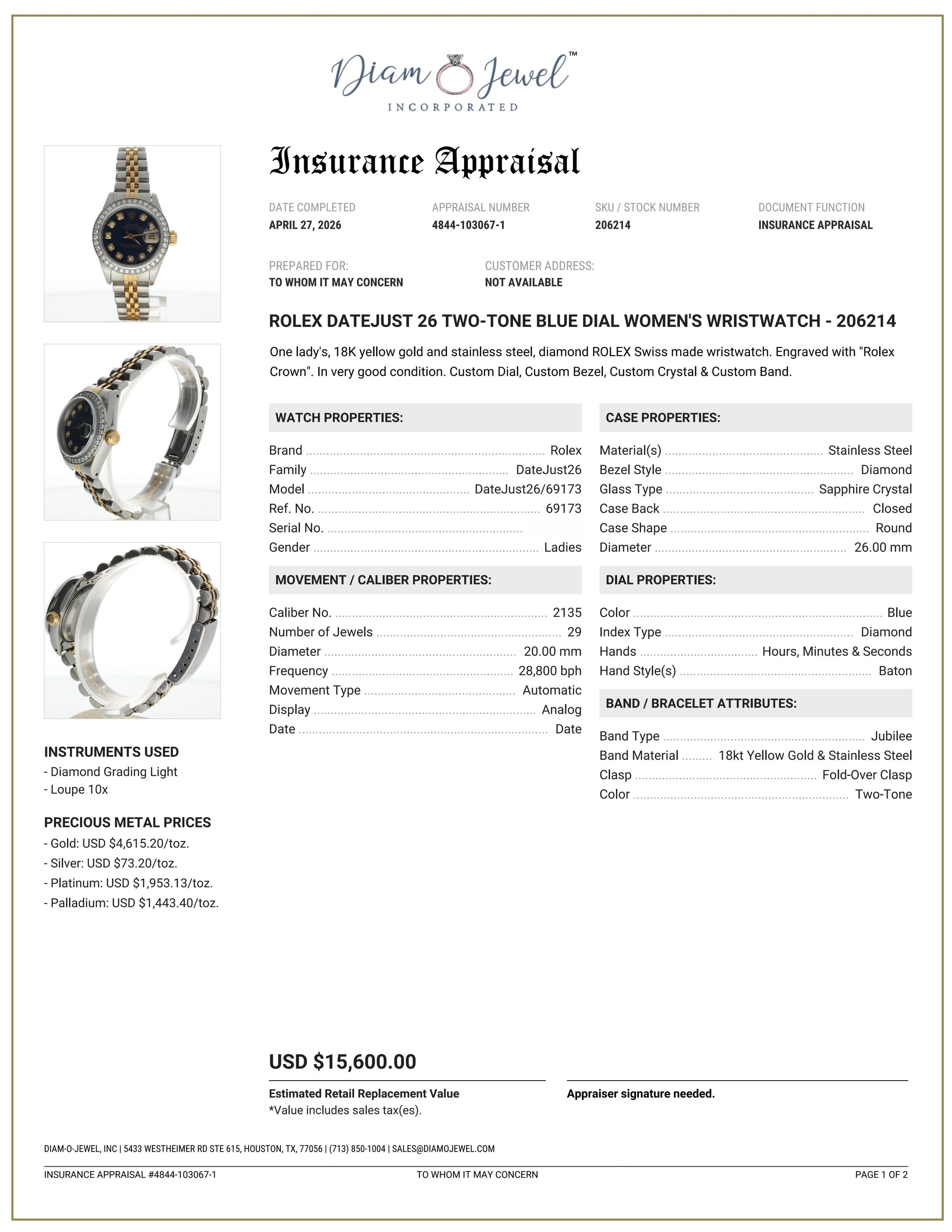 Rolex DateJust 26 Stainless-steel 69173 Blue Dial Womens 26-mm Automatic self-wind Sapphire crystal. Swiss Made Wrist Watch