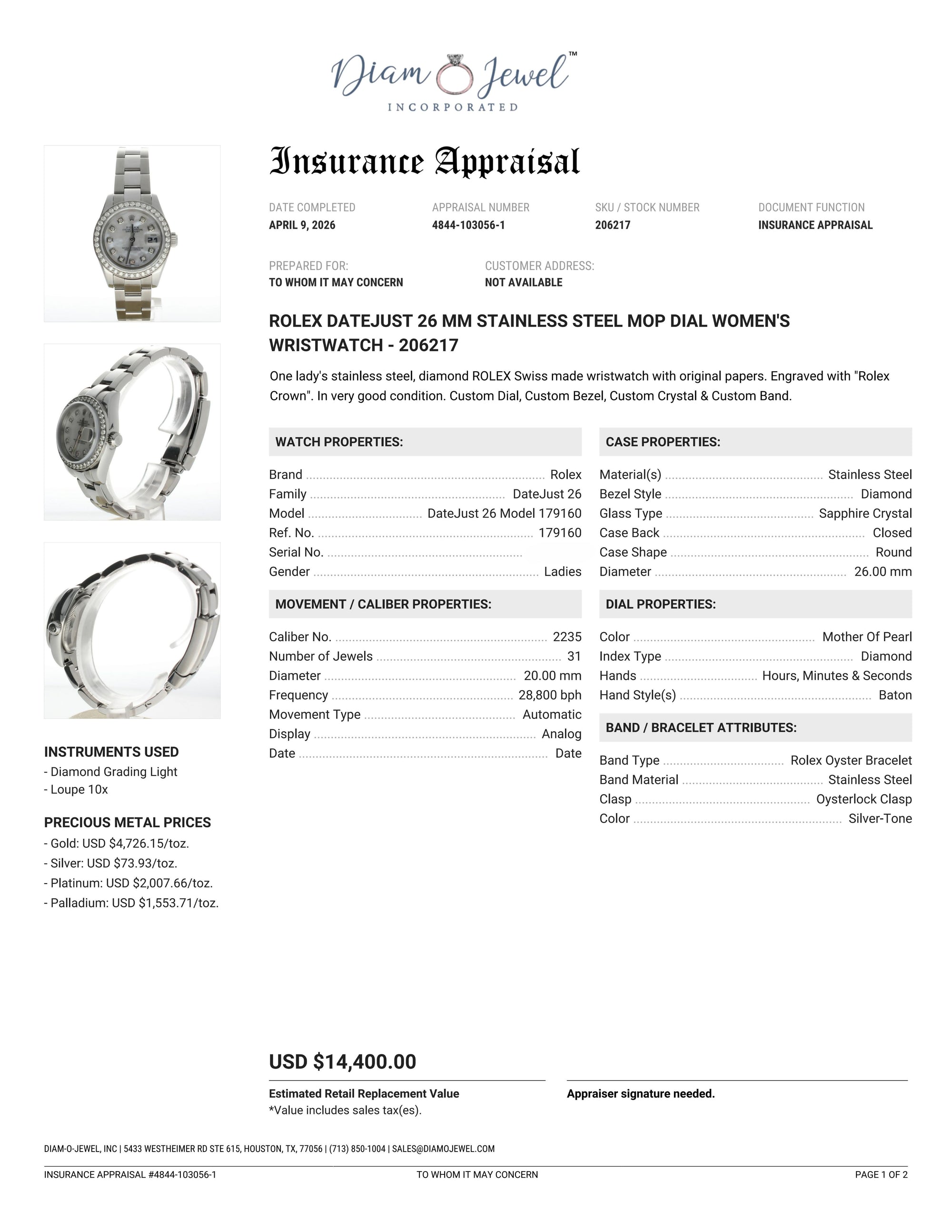 Rolex DateJust 26 Stainless-steel 179160 Mother-of-Pearl Dial Womens 26-mm Automatic self-wind Sapphire crystal. Swiss Made Wrist Watch