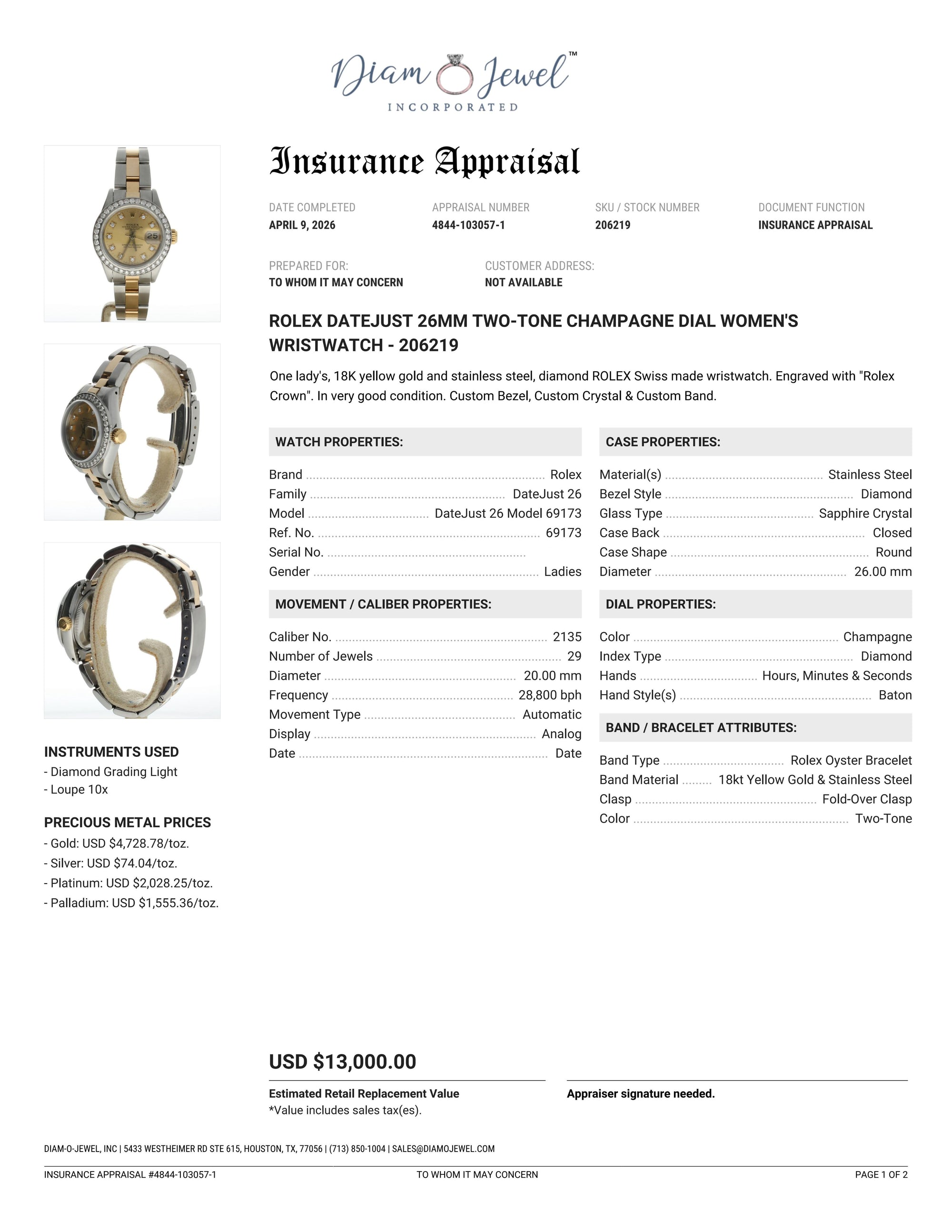 Rolex DateJust 26 Stainless-steel 69173 Champagne Dial Womens 26-mm Automatic self-wind Sapphire crystal. Swiss Made Wrist Watch