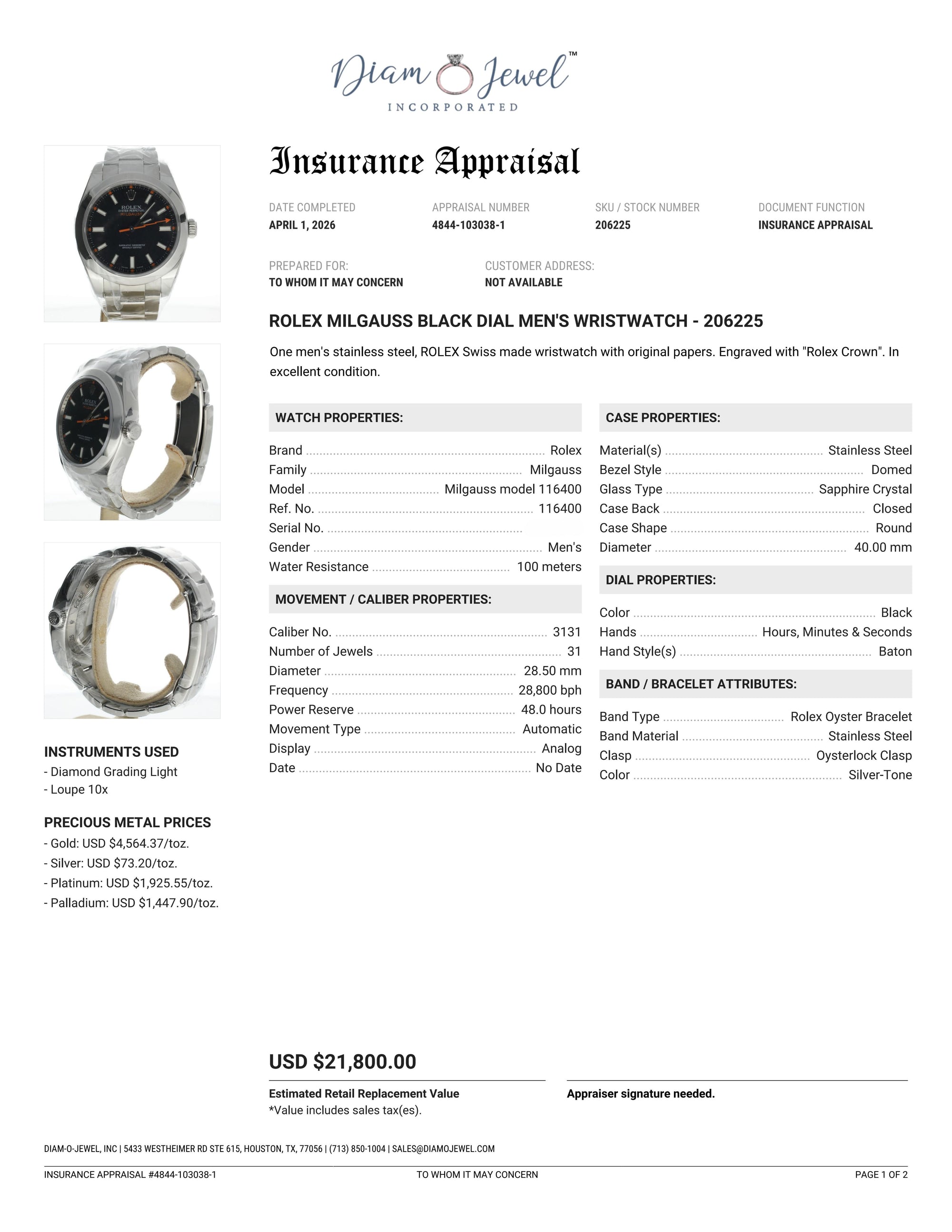 Rolex Milgauss Stainless-steel 116400 Black Dial Mens 40-mm Automatic self-wind Sapphire crystal. Swiss Made Wrist Watch