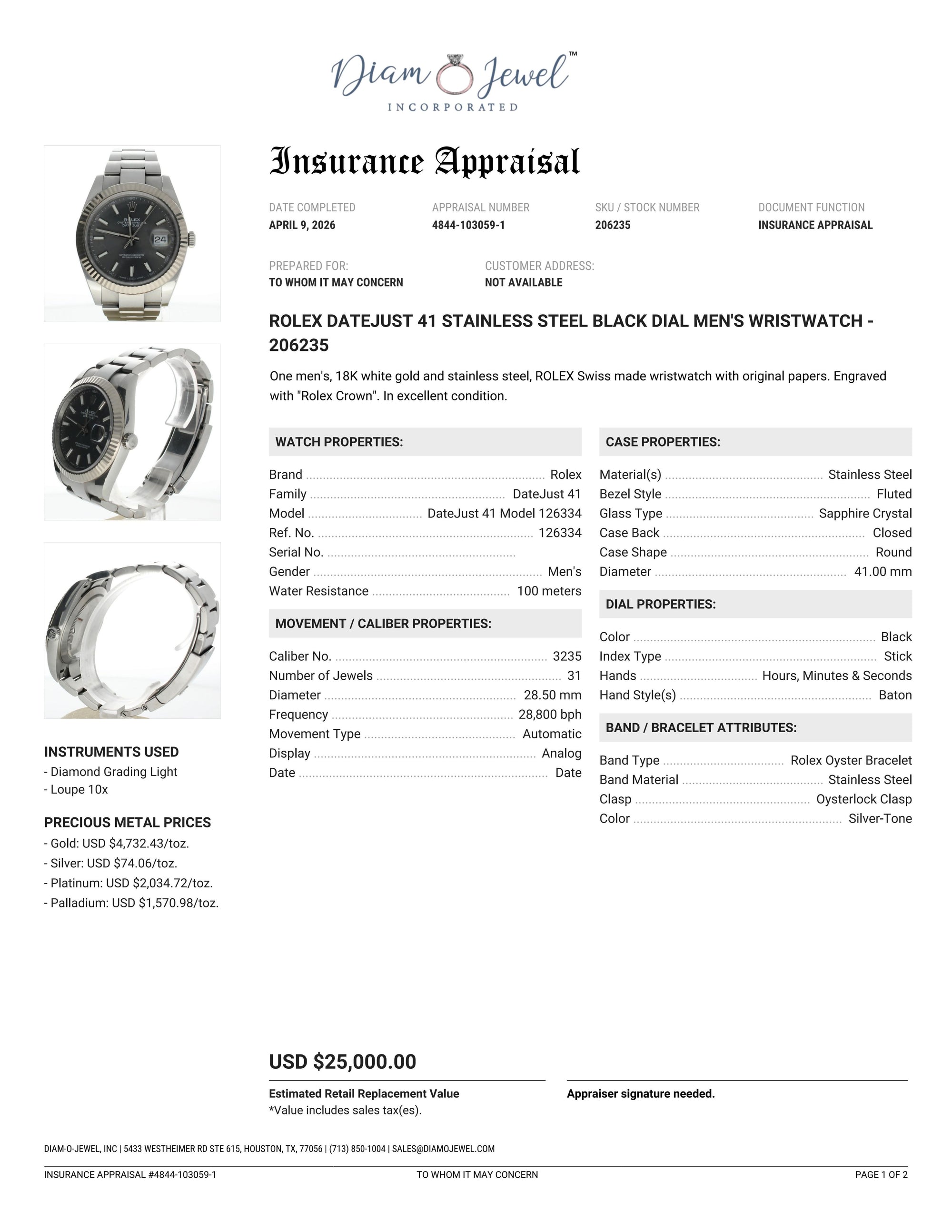 Rolex DateJust 41 Stainless-steel 126334 Black Dial Mens 41-mm Automatic self-wind Sapphire crystal. Swiss Made Wrist Watch