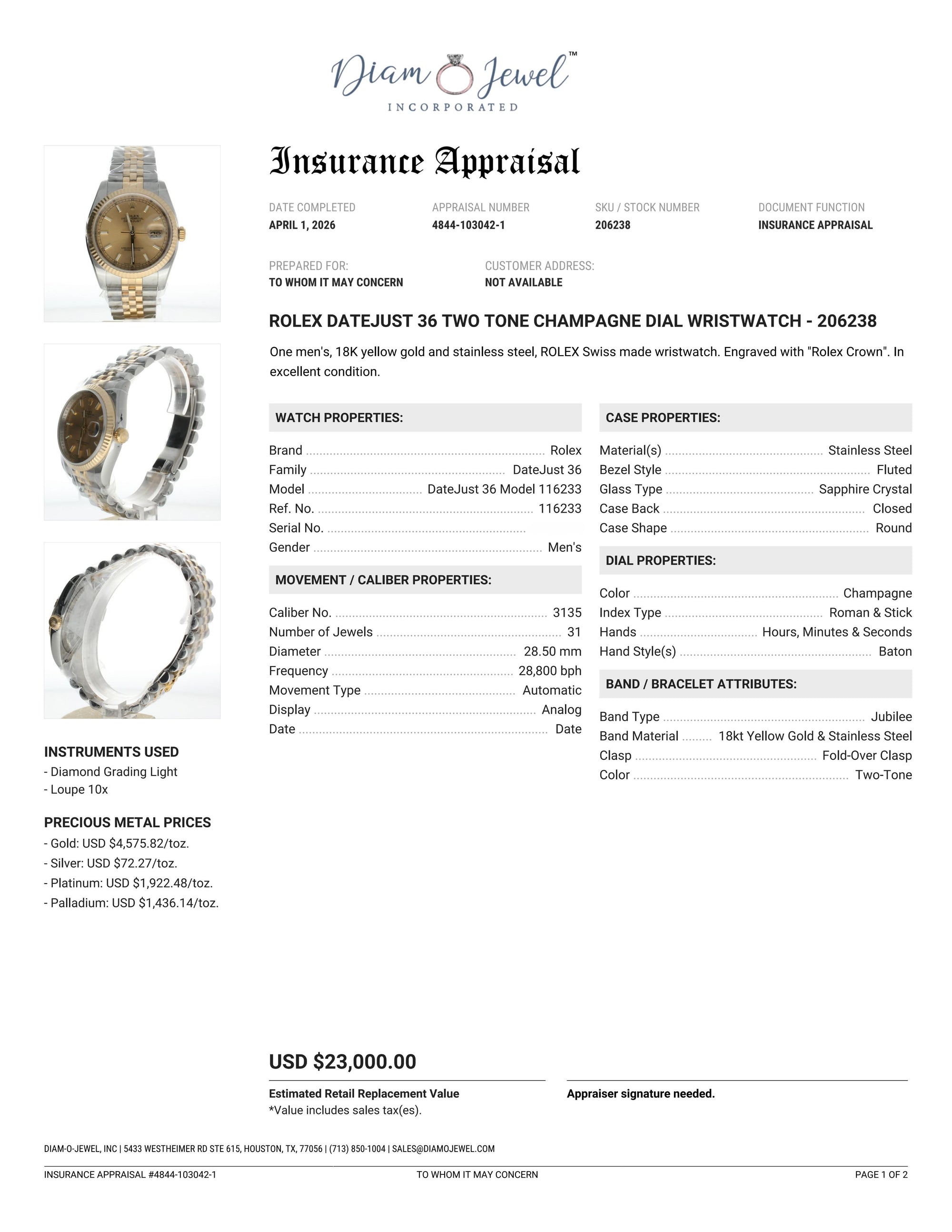 Rolex DateJust 36 Stainless-steel 116233 Champagne Dial Mens 36-mm Automatic self-wind Sapphire crystal. Swiss Made Wrist Watch