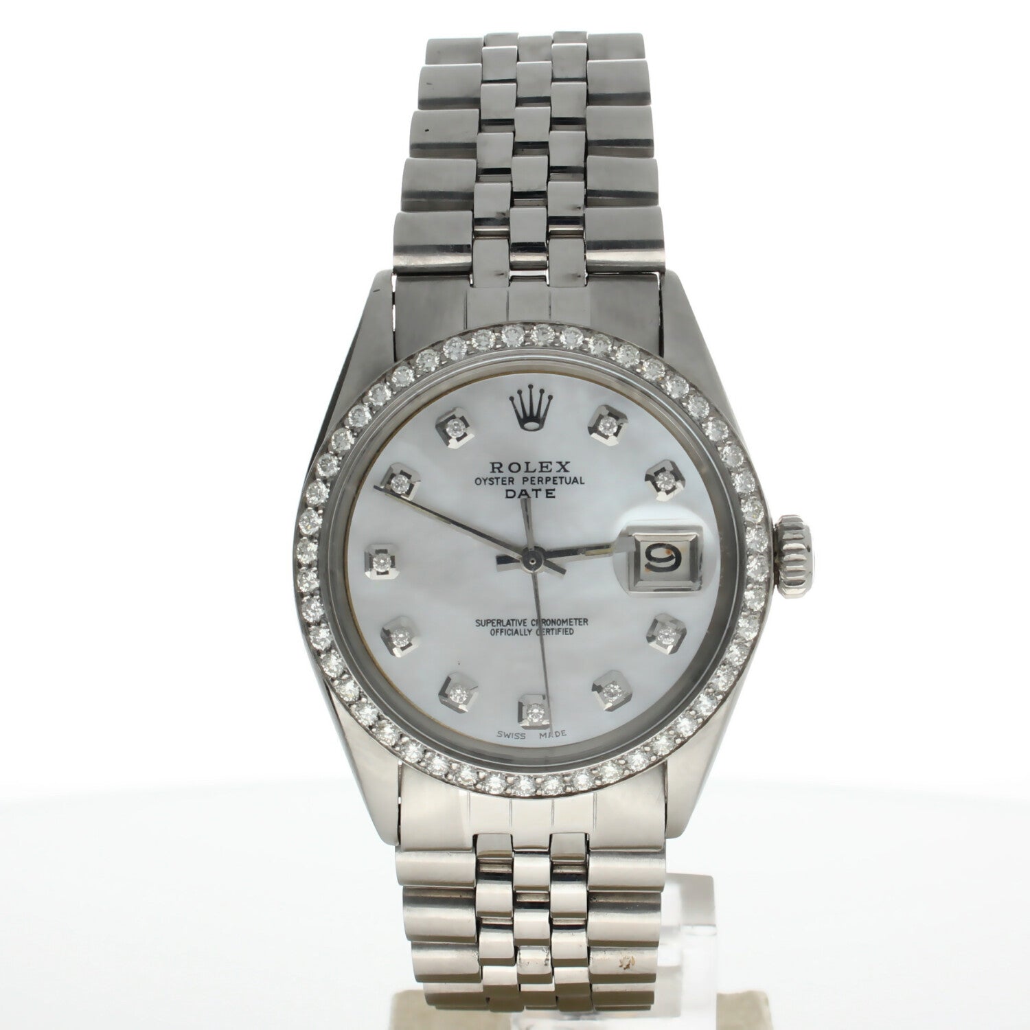 Rolex Date 34 Stainless-steel 1500 Mother-of-Pearl Dial Womens 34-mm Automatic self-wind Sapphire crystal. Swiss Made Wrist Watch