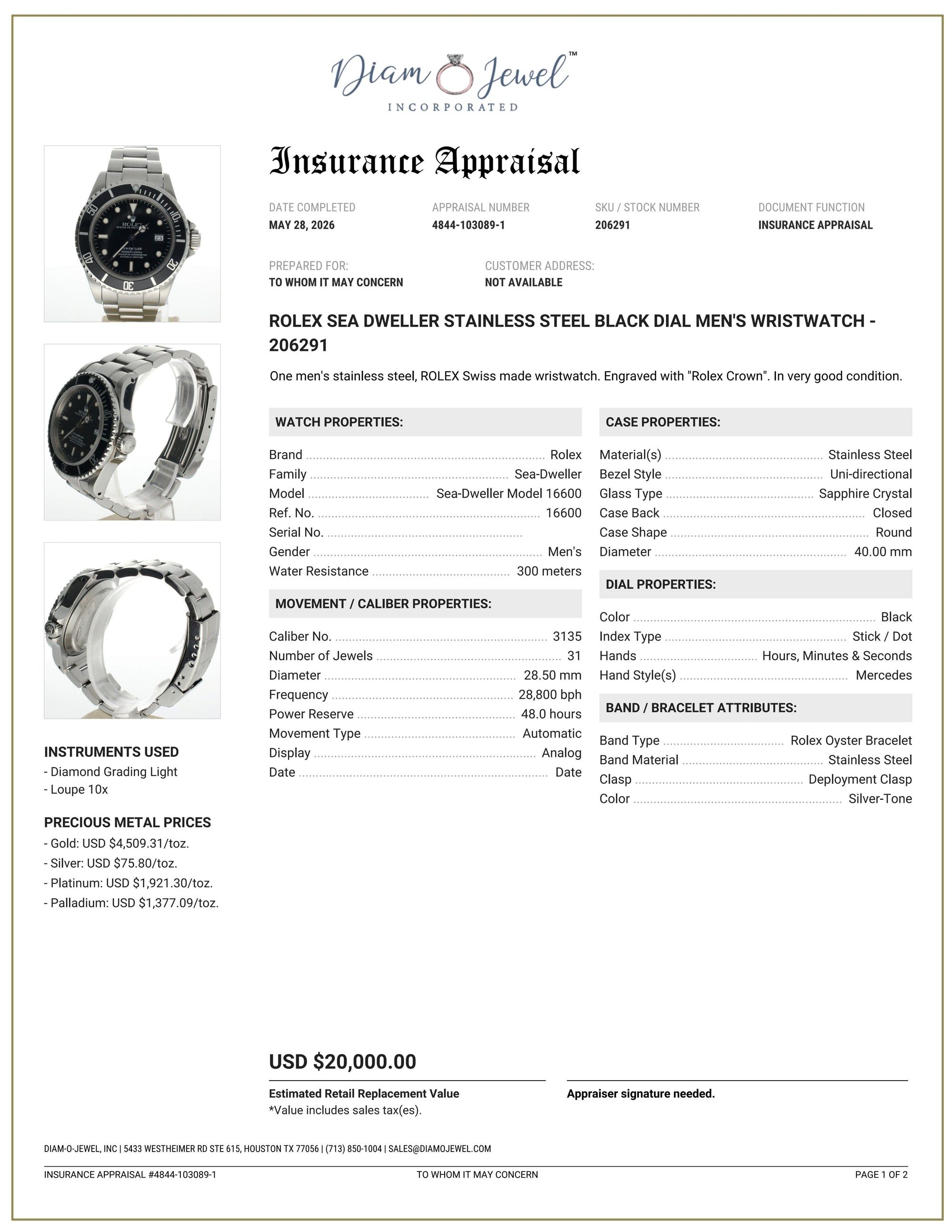 Rolex Sea-Dweller Stainless-steel 16600 Black Dial Men's 40-mm Automatic self-wind Sapphire crystal. Swiss Made Wristwatch