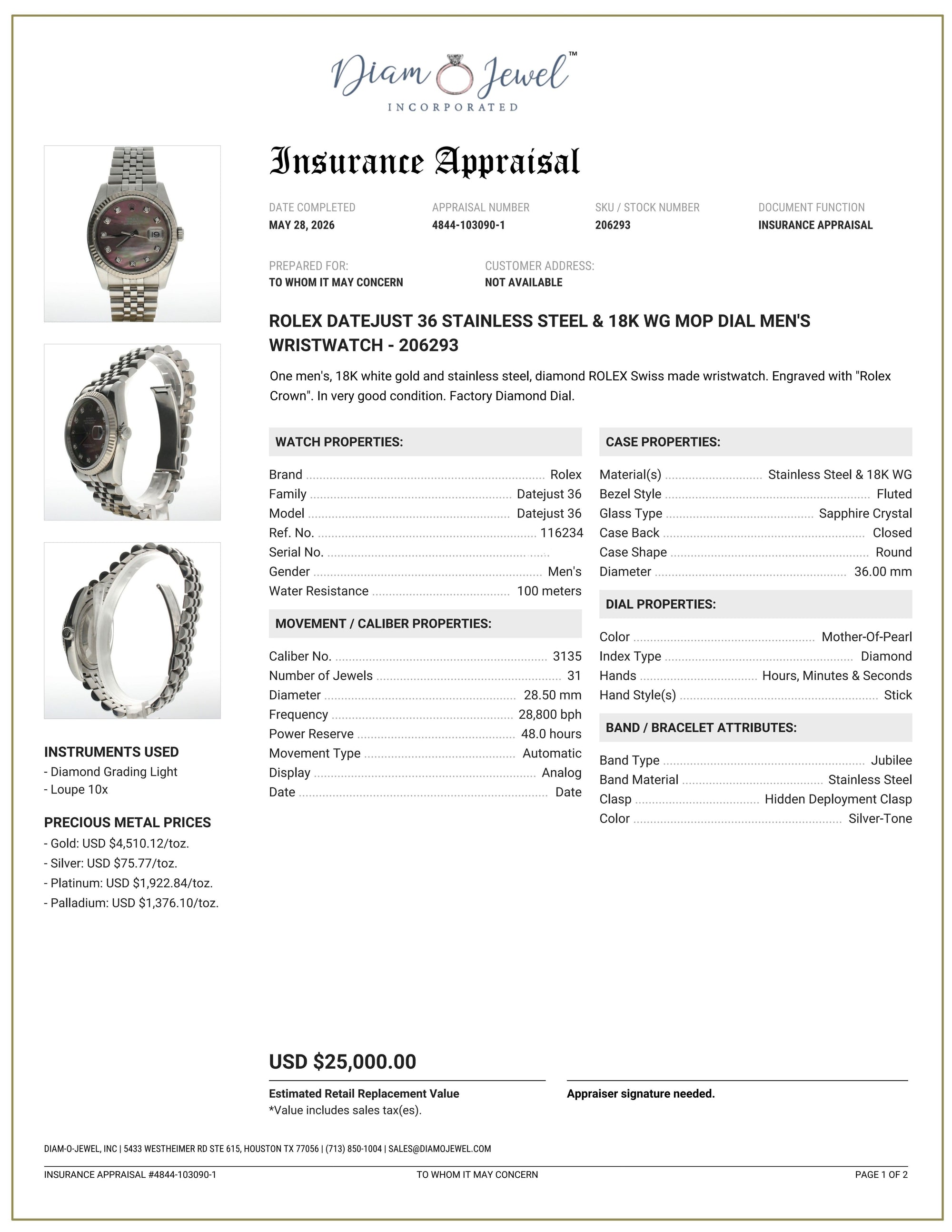 Rolex DateJust 36 Stainless-steel 116234 Mother-of-Pearl Dial Mens 36-mm Automatic self-wind Sapphire crystal. Swiss Made Wrist Watch
