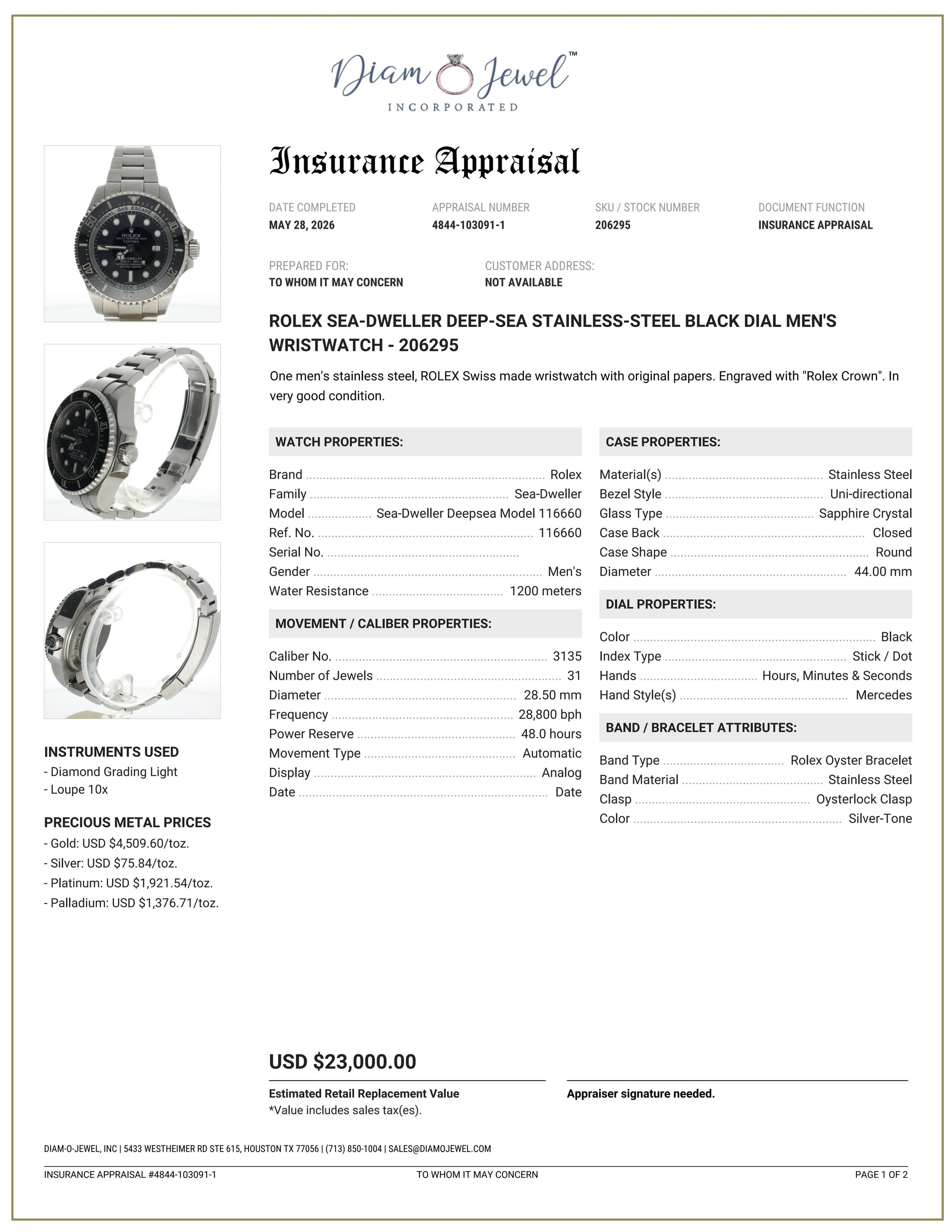 Rolex Deepsea Sea-Dweller Stainless-steel 116660 Black Dial Mens 44-mm Automatic self-wind Sapphire crystal. Swiss Made Wrist Watch