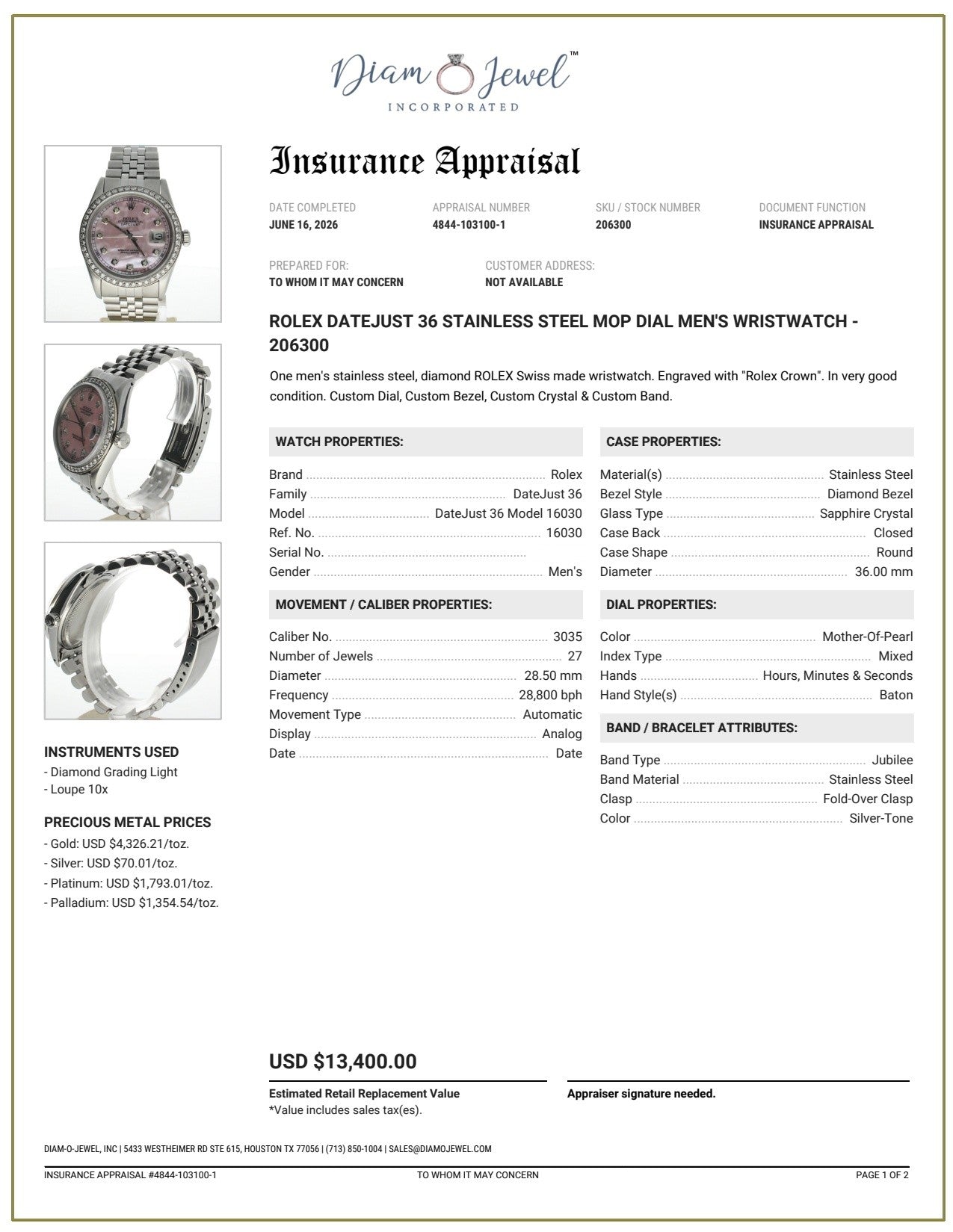 Rolex DateJust 36 Stainless-steel 16030 Mother-of-Pearl Dial Mens 36-mm Automatic self-wind Sapphire crystal. Swiss Made Wrist Watch