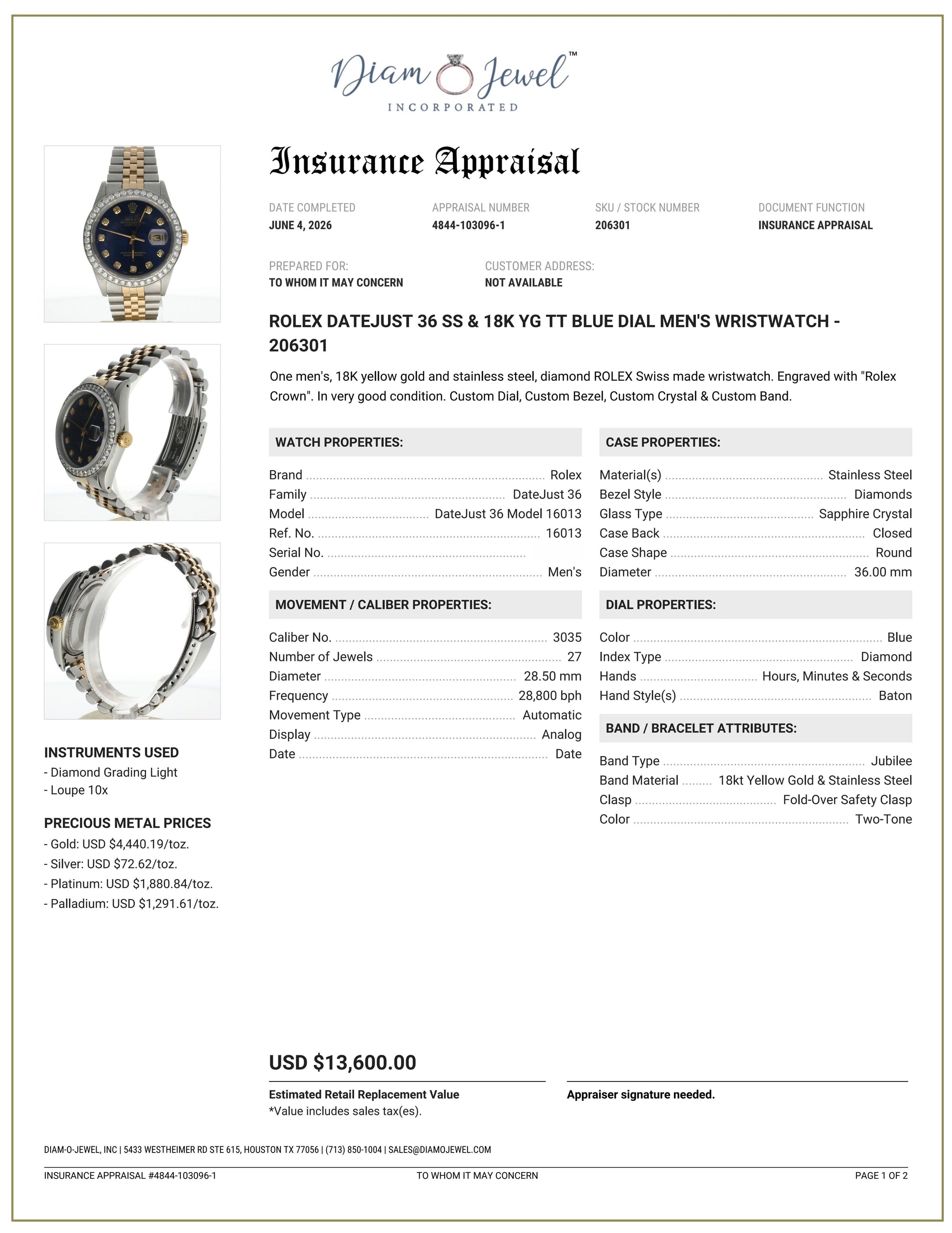 Rolex DateJust 36 Stainless-steel 16013 Blue Dial Mens 36-mm Automatic self-wind Sapphire crystal. Swiss Made Wrist Watch