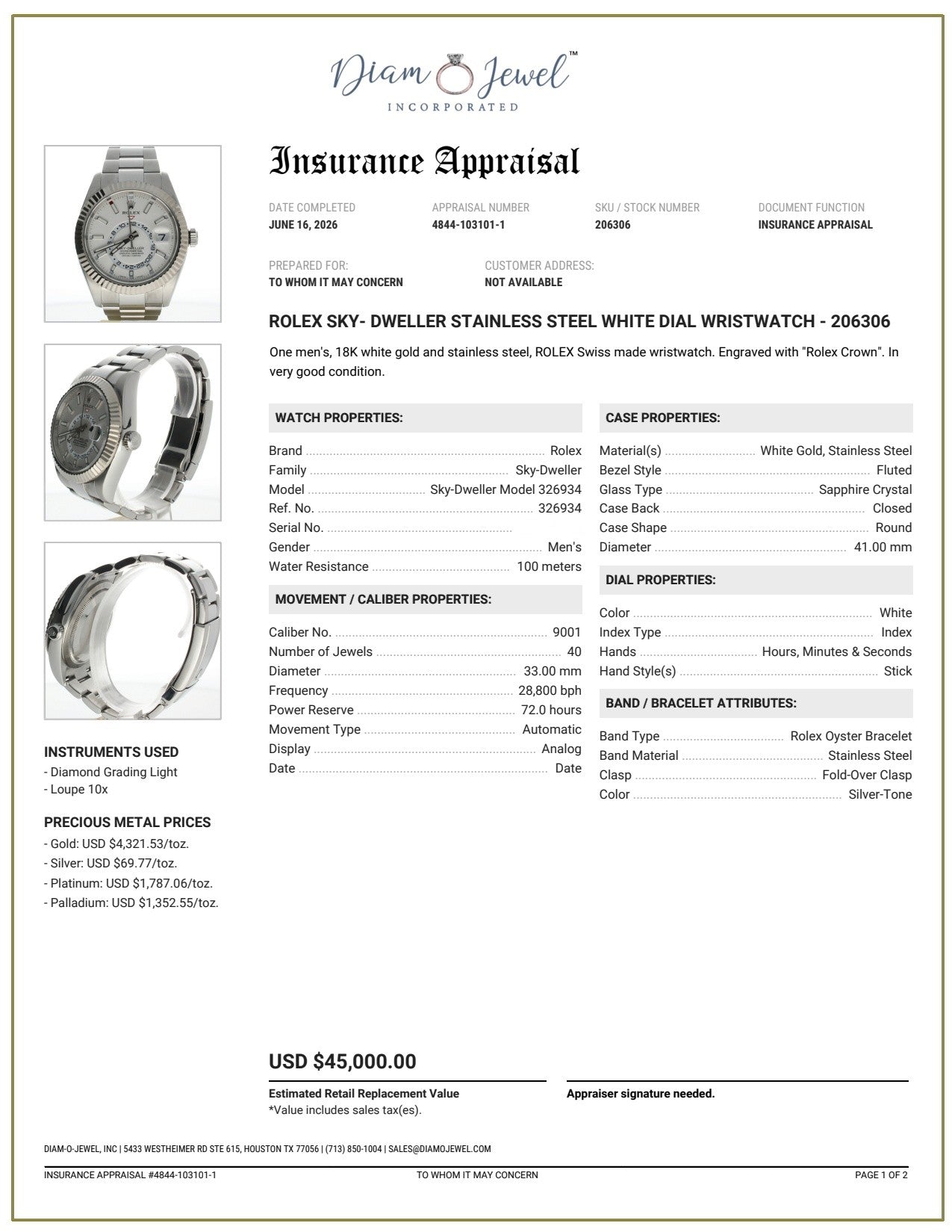 Rolex Sky-Dweller Stainless-steel 326934 White Dial Mens 41-mm Automatic self-wind Sapphire crystal. Swiss Made Wrist Watch