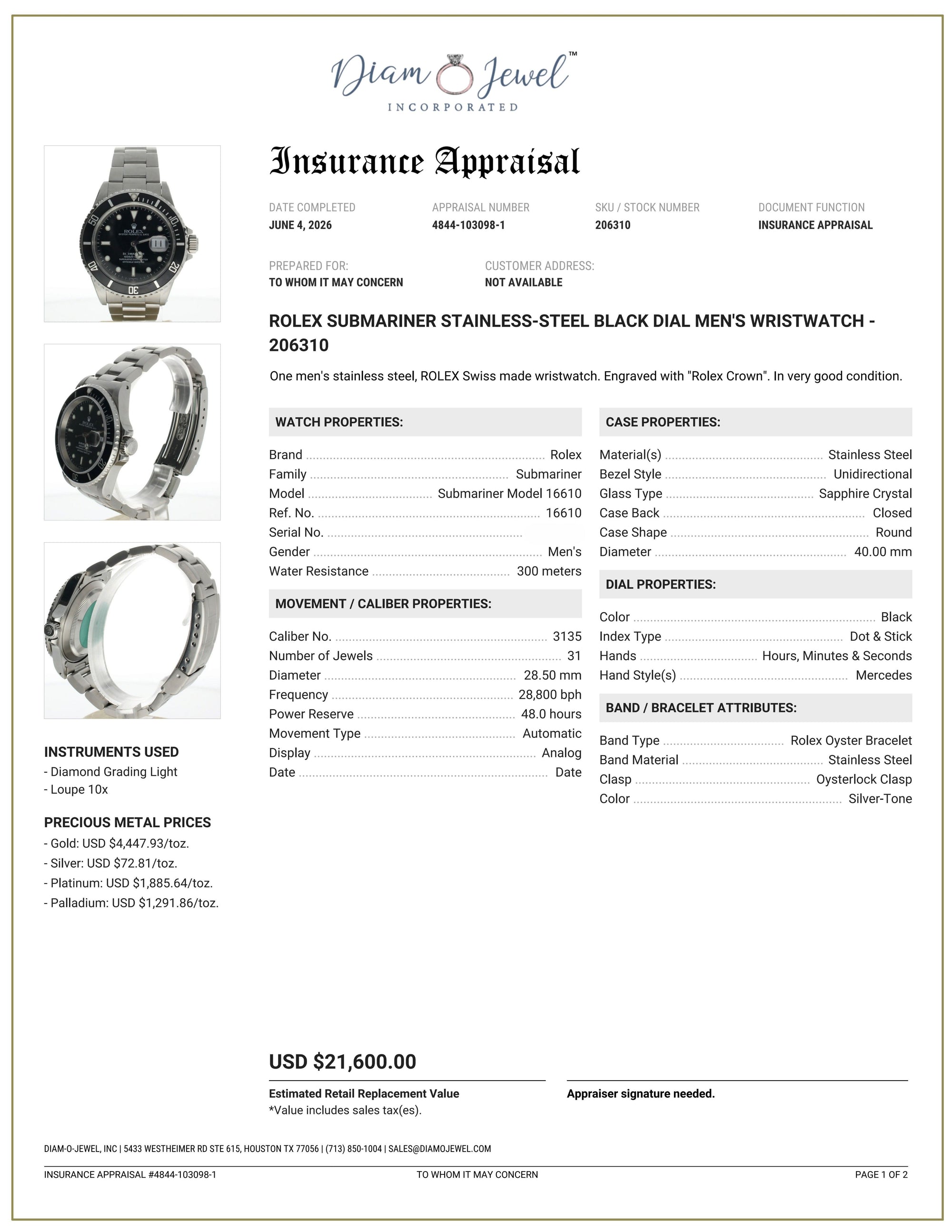 Rolex Submariner Stainless-steel 16610 Black Dial Mens 40-mm Automatic self-wind Sapphire crystal. Swiss Made Wrist Watch