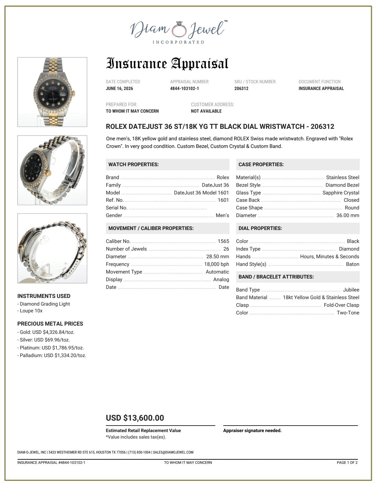 Rolex DateJust 36 Stainless-steel 1601 Black Dial Mens 36-mm Automatic self-wind Sapphire crystal. Swiss Made Wrist Watch