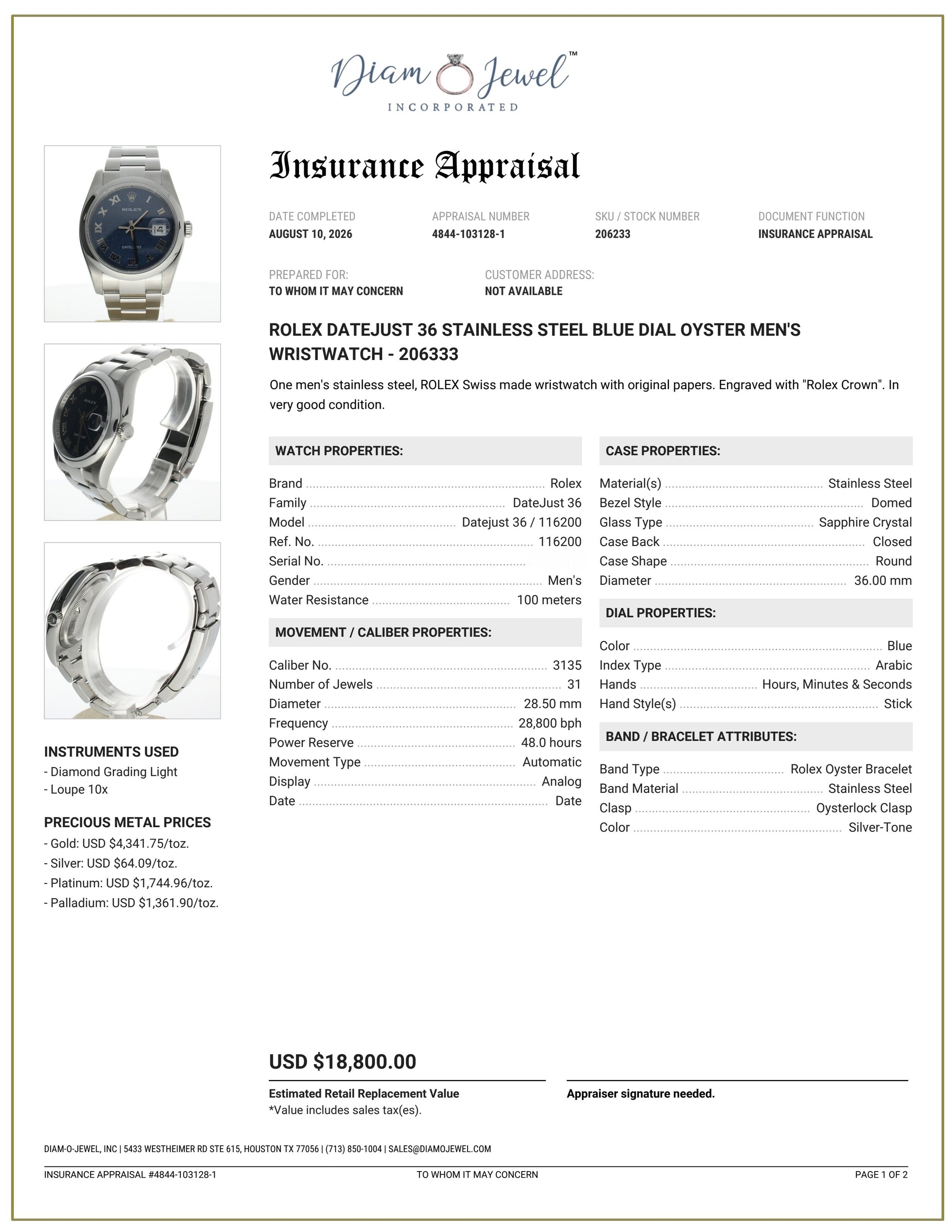 Rolex DateJust 36 Stainless-steel 116200 Blue Dial Mens 36-mm Automatic self-wind Sapphire crystal. Swiss Made Wrist Watch
