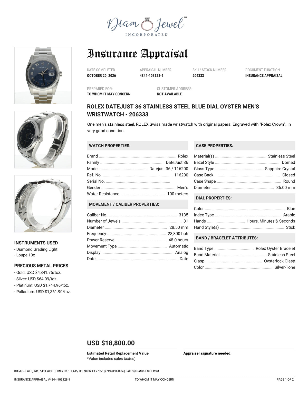 Rolex DateJust 36 Stainless-steel 116200 Blue Dial Mens 36-mm Automatic self-wind Sapphire crystal. Swiss Made Wrist Watch