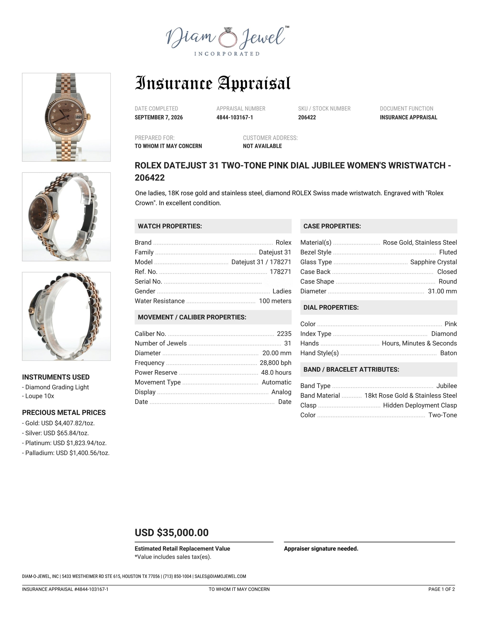 Rolex DateJust 31 Stainless-steel 178271 Pink Dial Womens 31-mm Automatic self-wind Sapphire crystal. Swiss Made Wrist Watch