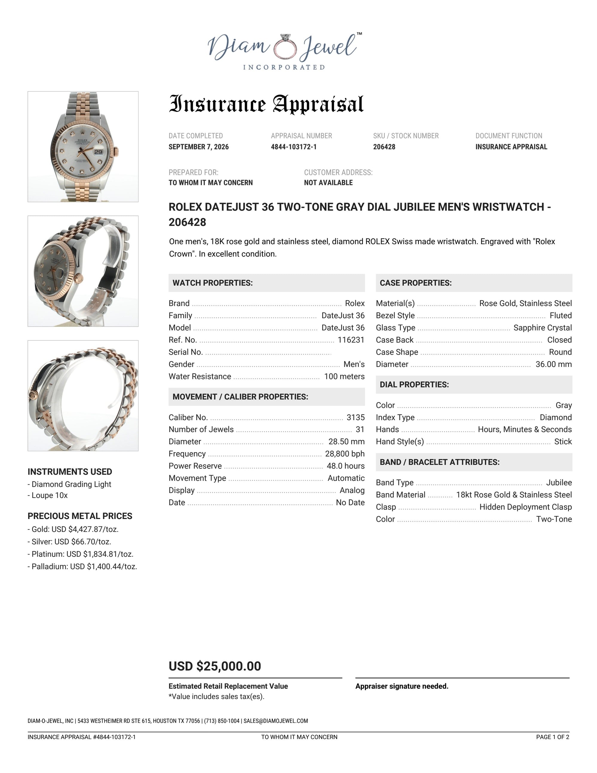 Rolex DateJust 36 Stainless-steel 116231 Grey Dial Mens 36-mm Automatic self-wind Sapphire crystal. Swiss Made Wrist Watch