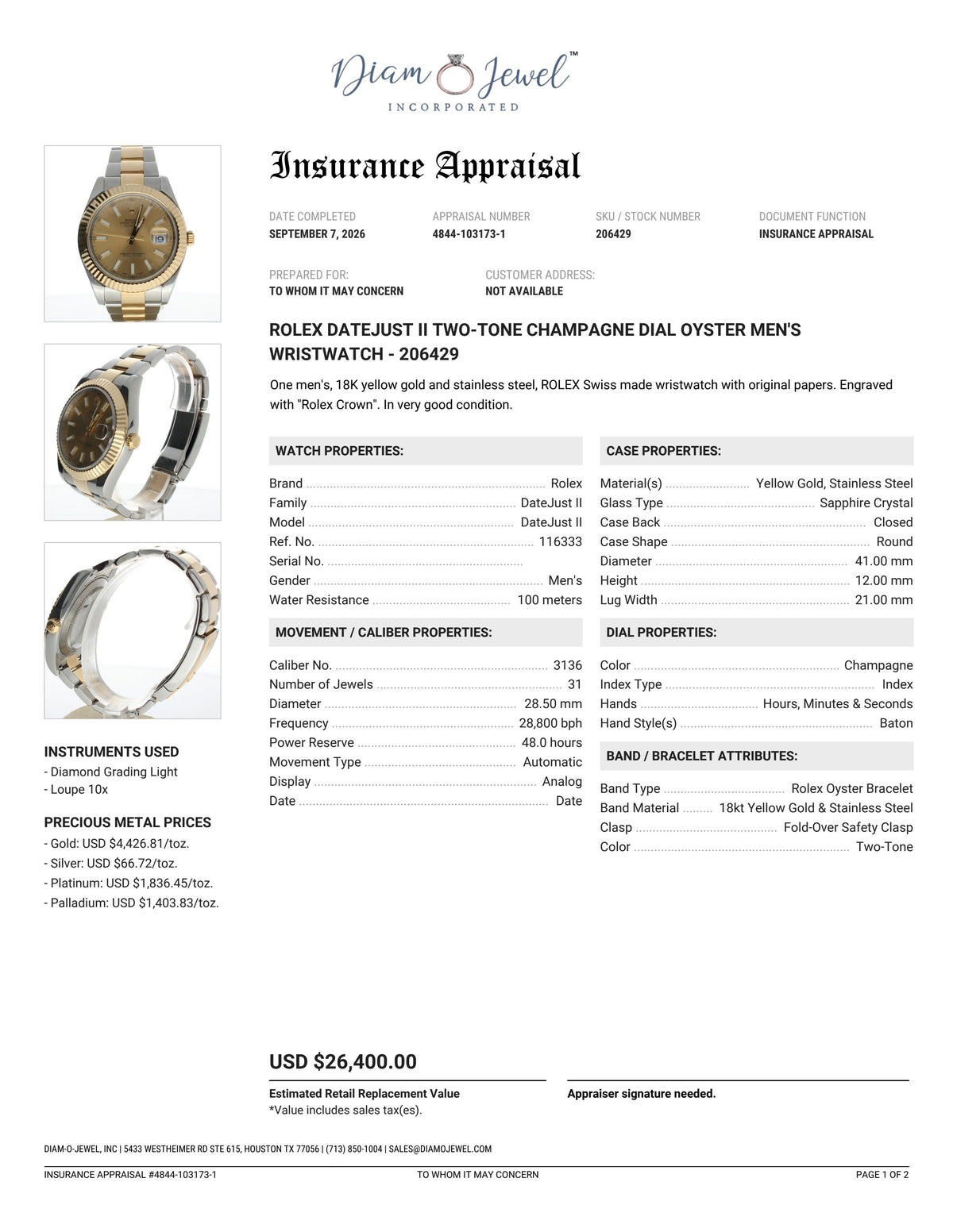 Rolex DateJust II Stainless-steel 116333 Champagne Dial Mens 41-mm Automatic self-wind Sapphire crystal. Swiss Made Wrist Watch