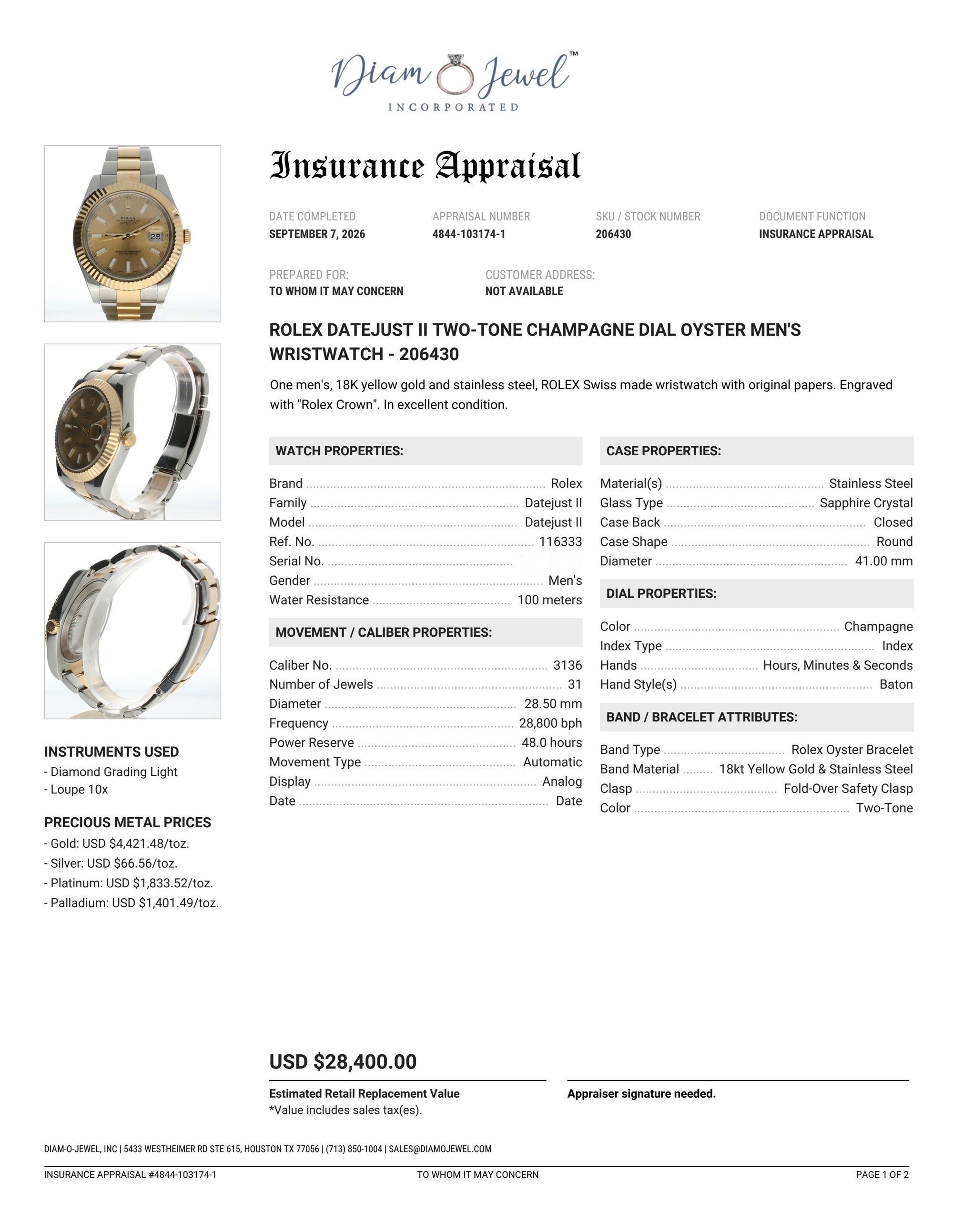 Rolex DateJust II Stainless-steel 116333 Champagne Dial Mens 41-mm Automatic self-wind Sapphire crystal. Swiss Made Wrist Watch