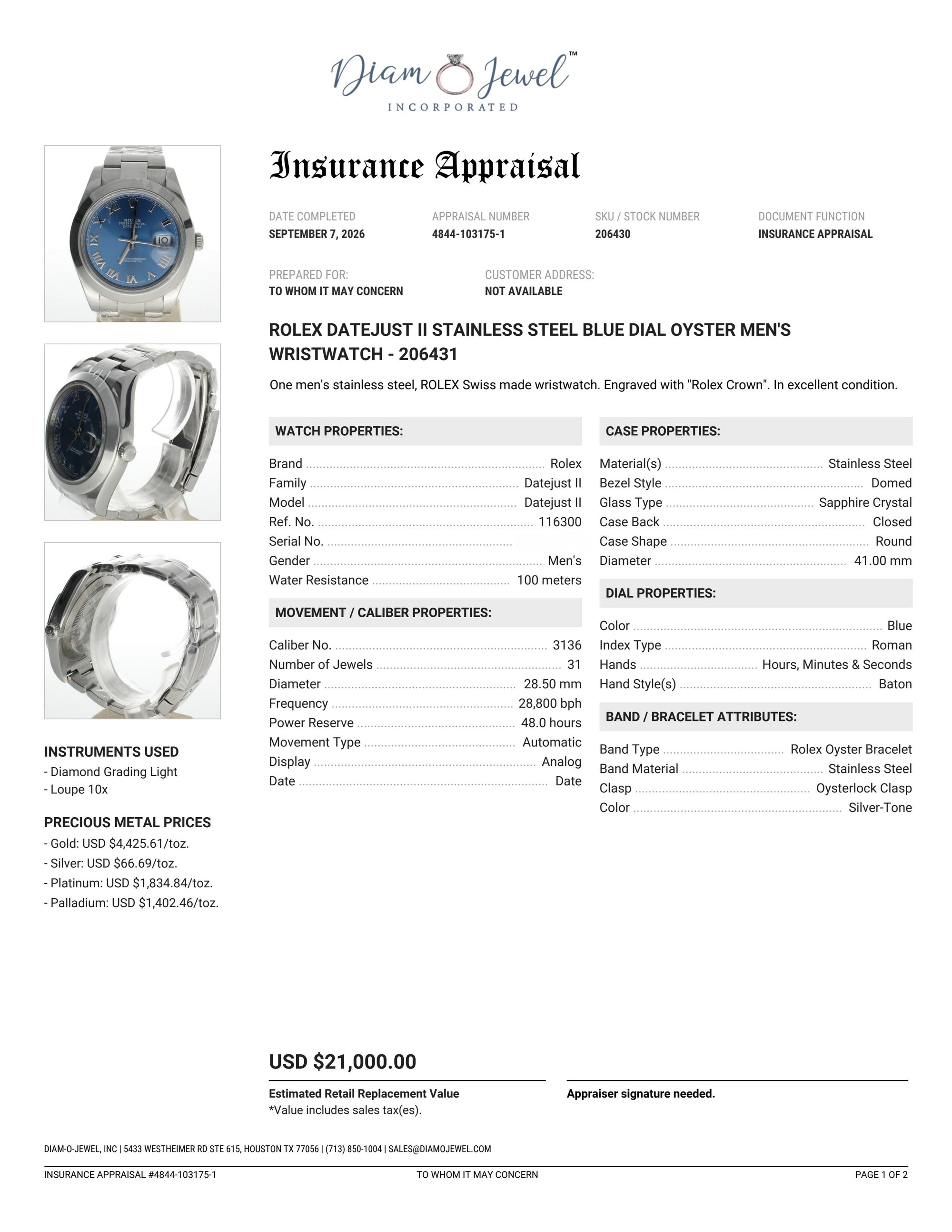 Rolex DateJust II Stainless-steel 116300 Blue Dial Mens 41-mm Automatic self-wind Sapphire crystal. Swiss Made Wrist Watch