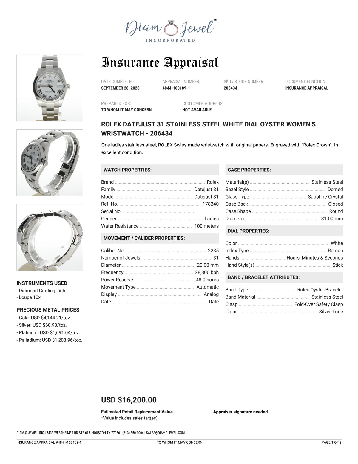 Rolex DateJust 31 Stainless-steel 178240 White Dial Womens 31-mm Automatic self-wind Sapphire crystal. Swiss Made Wrist Watch