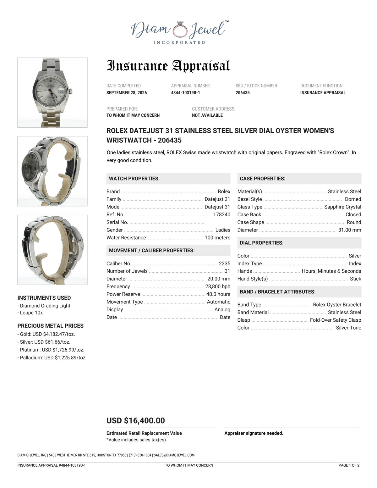 Rolex DateJust 31 Stainless-steel 178240 Silver Dial Womens 31-mm Automatic self-wind Sapphire crystal. Swiss Made Wrist Watch