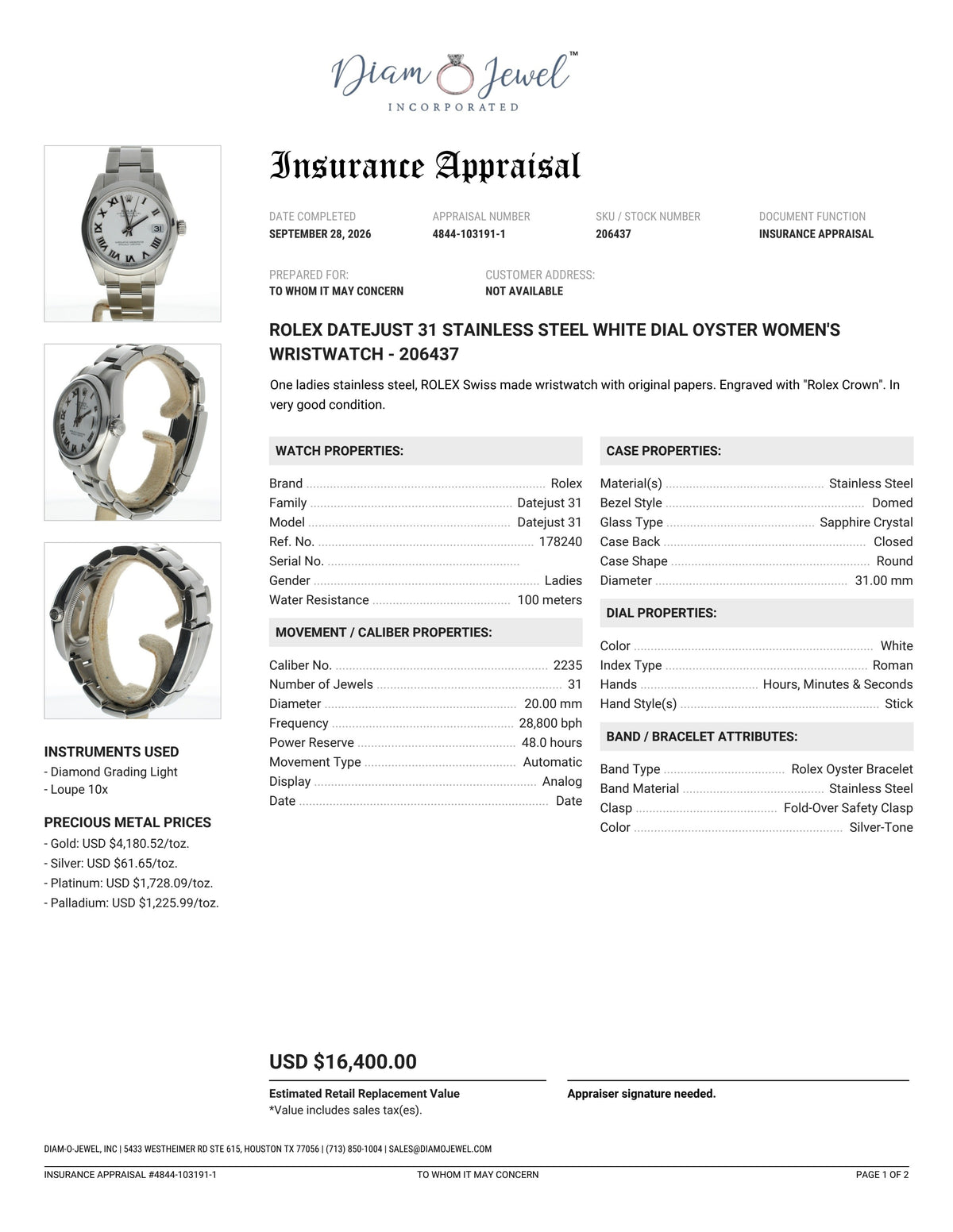 Rolex DateJust 31 Stainless-steel 178240 White Dial Womens 31-mm Automatic self-wind Sapphire crystal. Swiss Made Wrist Watch