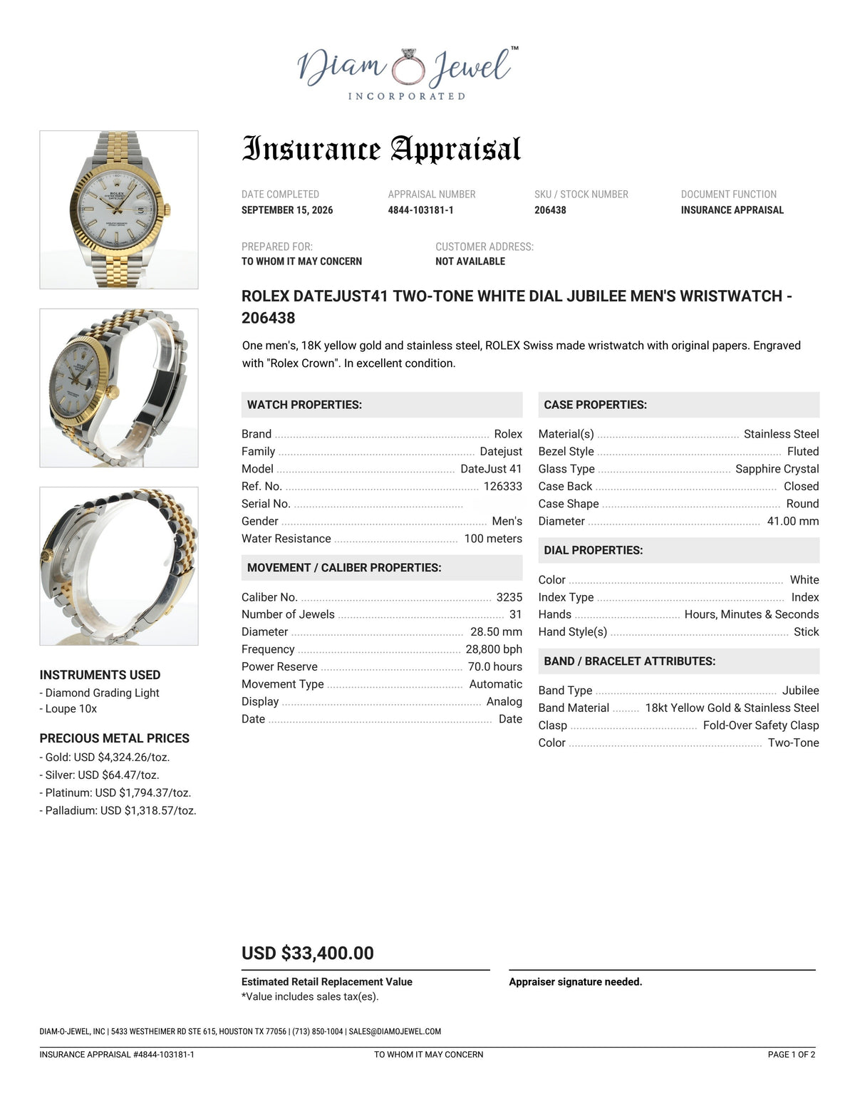 Rolex DateJust 41 Stainless-steel 126333 White Dial Mens 41-mm Automatic self-wind Sapphire crystal. Swiss Made Wrist Watch