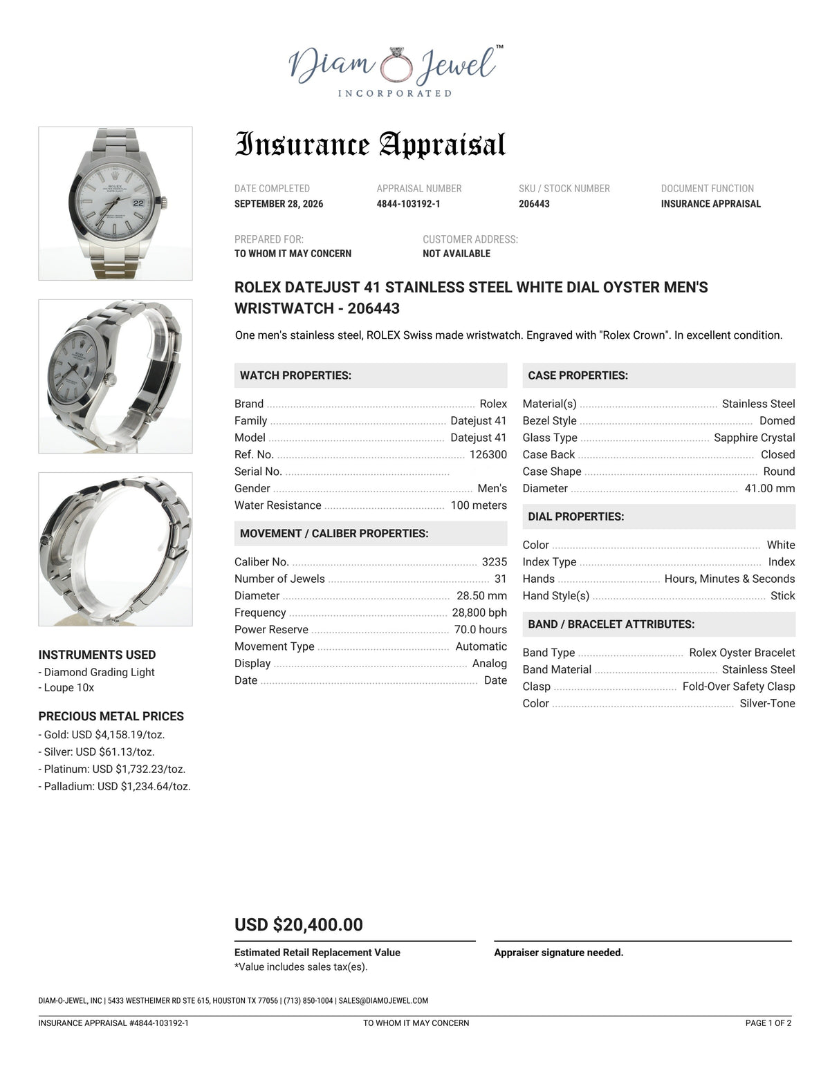 Rolex DateJust 41 Stainless-steel 126300 White Dial Mens 41-mm Automatic self-wind Sapphire crystal. Swiss Made Wrist Watch