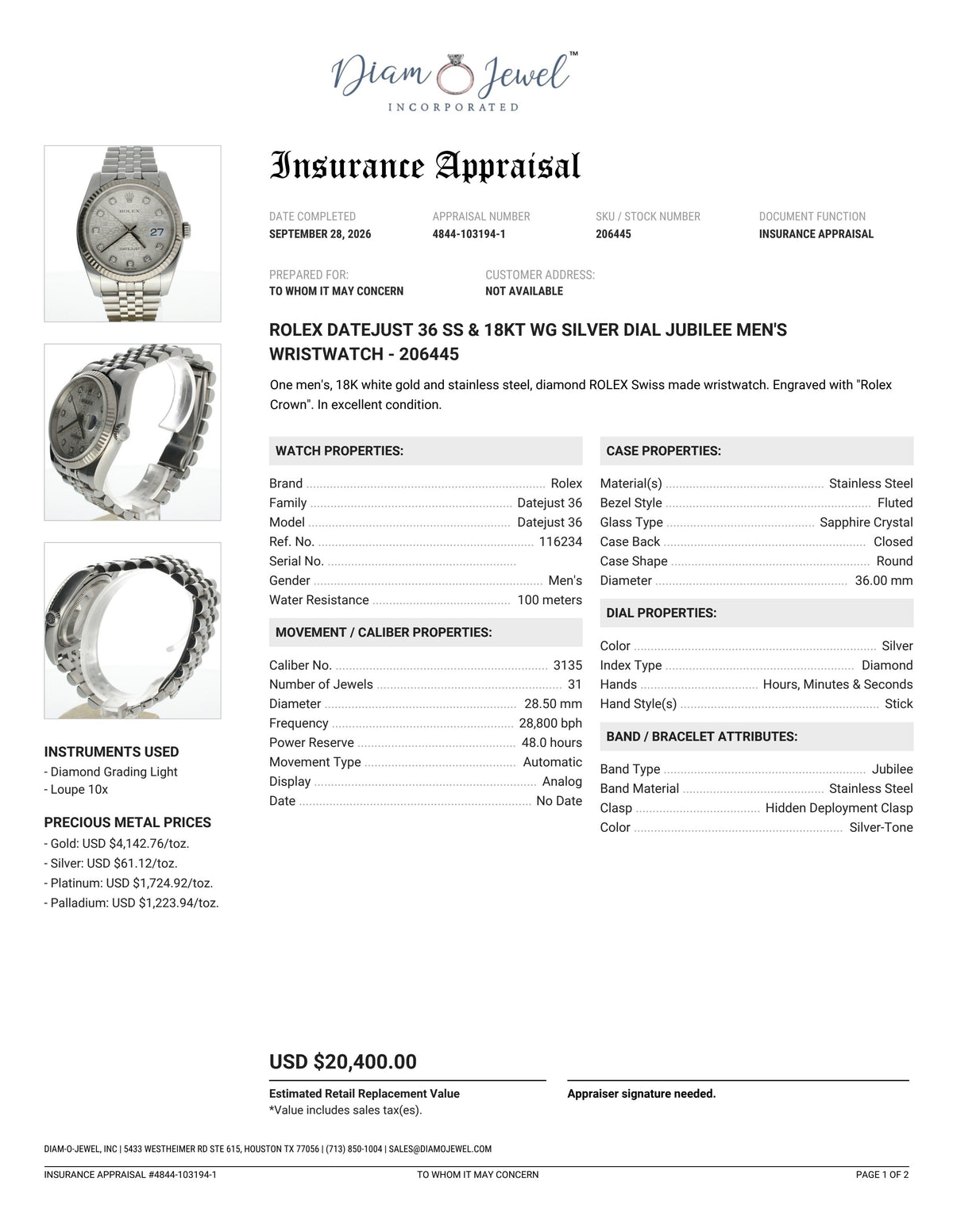 Rolex DateJust 36 Stainless-steel 116234 Silver Dial Mens 36-mm Automatic self-wind Sapphire crystal. Swiss Made Wrist Watch