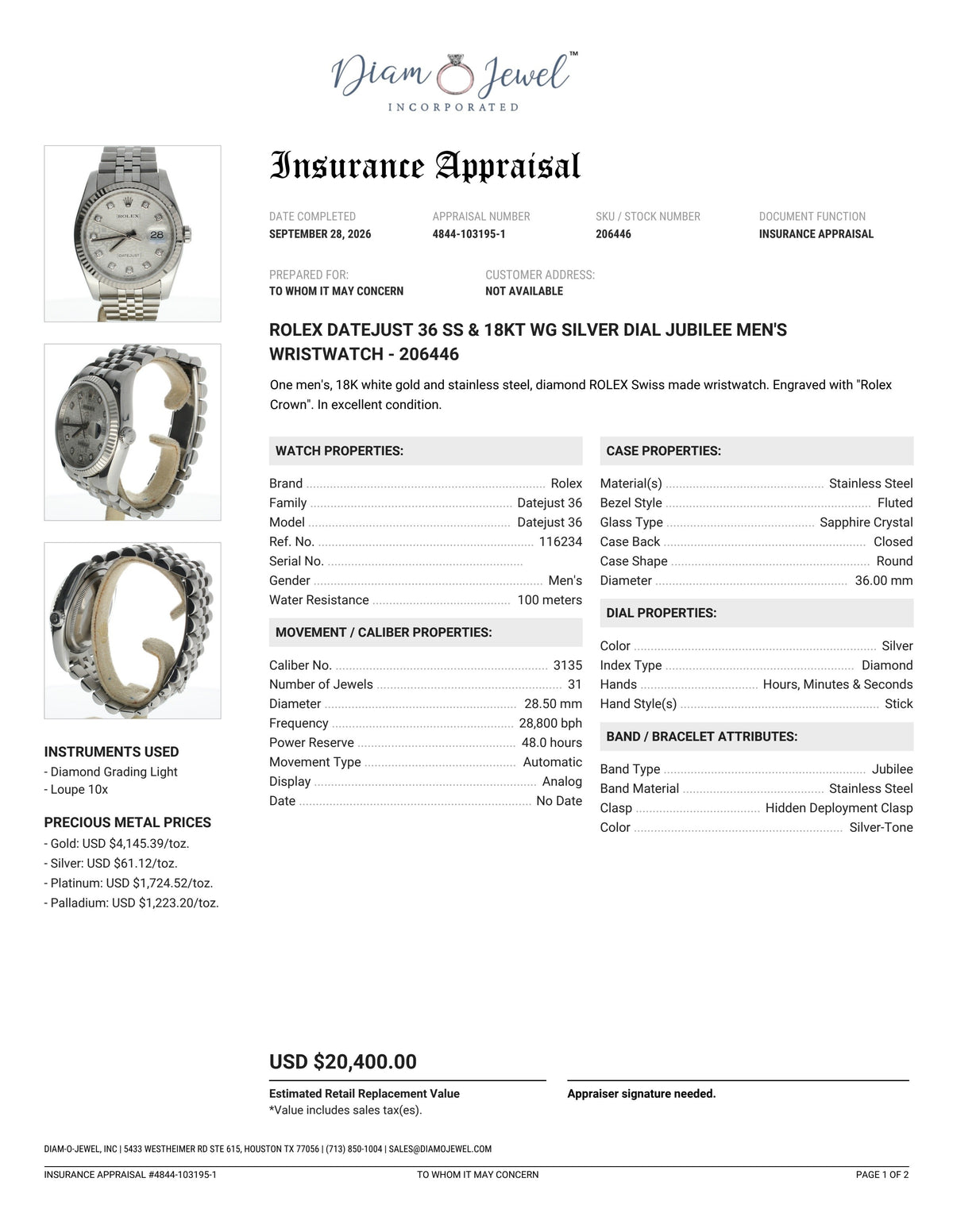 Rolex DateJust 36 Stainless-steel 116234 Silver Dial Mens 36-mm Automatic self-wind Sapphire crystal. Swiss Made Wrist Watch