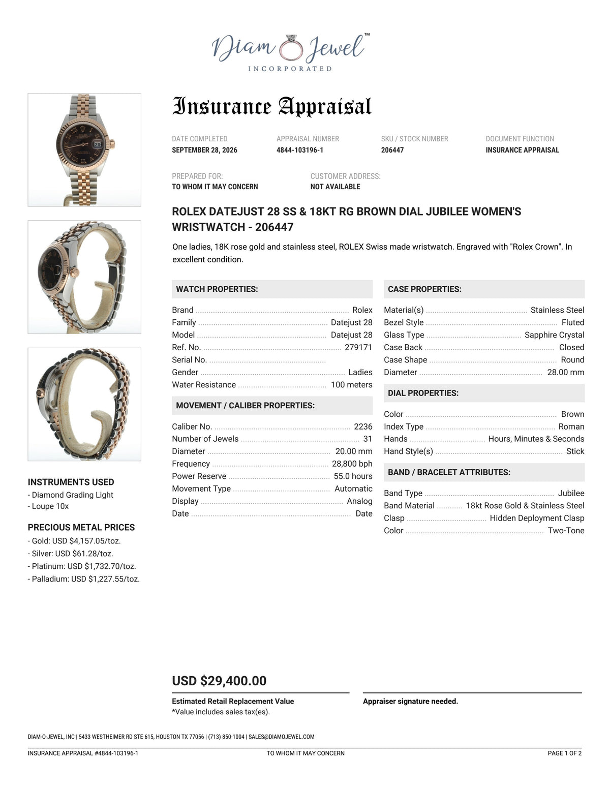 Rolex DateJust 28 Stainless-steel 279171 Brown Dial Womens 28-mm Automatic self-wind Sapphire crystal. Swiss Made Wrist Watch