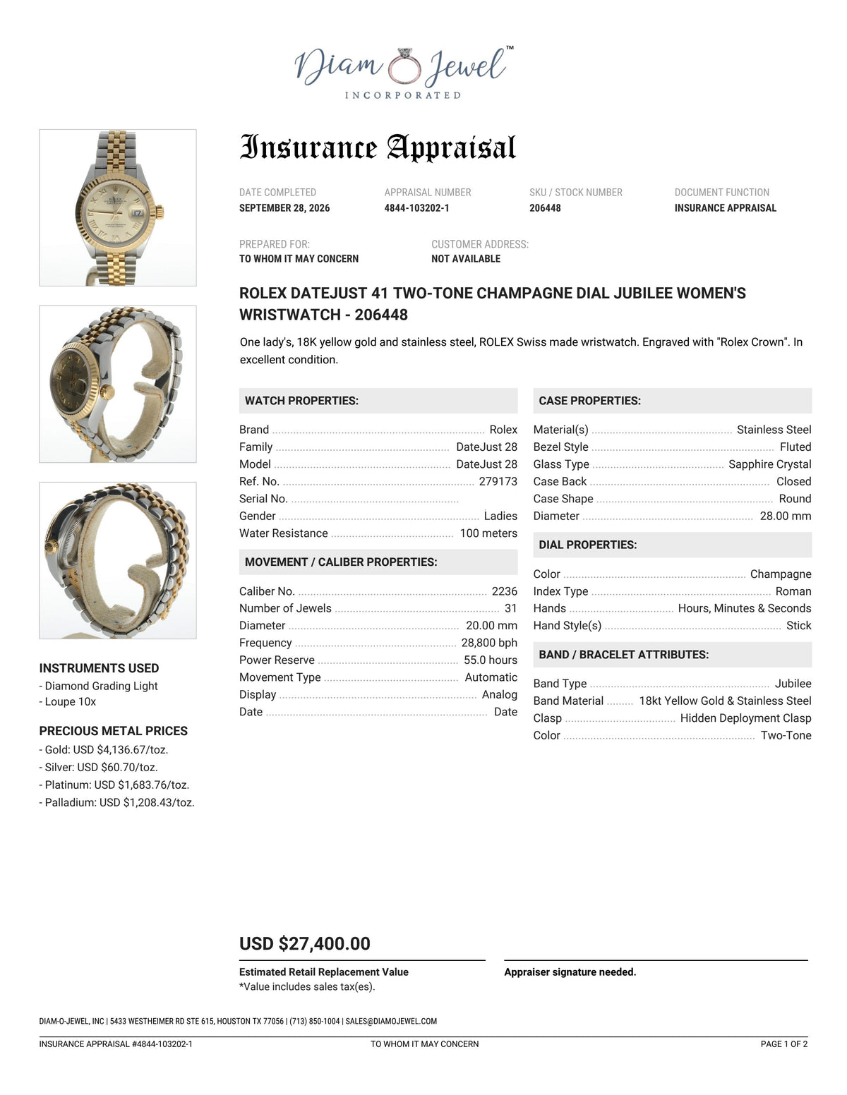 Rolex DateJust 28 Stainless-steel 279173 Champagne Dial Womens 28-mm Automatic self-wind Sapphire crystal. Swiss Made Wrist Watch