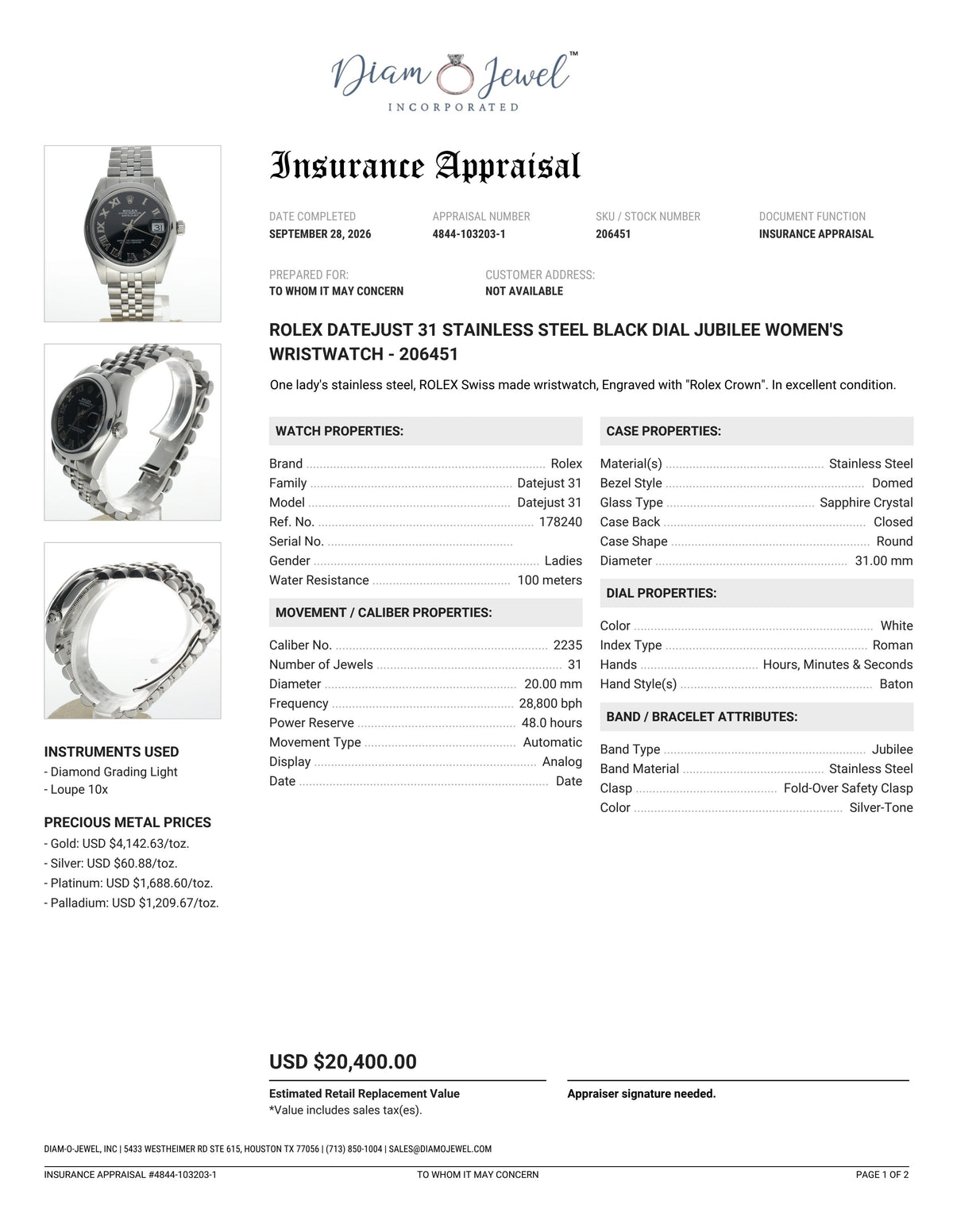 Rolex DateJust 31 Stainless-steel 178240 Black Dial Womens 31-mm Automatic self-wind Sapphire crystal. Swiss Made Wrist Watch