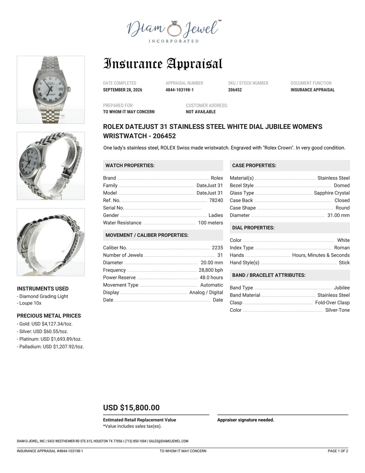 Rolex DateJust 31 Stainless-steel 78240 White Dial Womens 31-mm Automatic self-wind Sapphire crystal. Swiss Made Wrist Watch