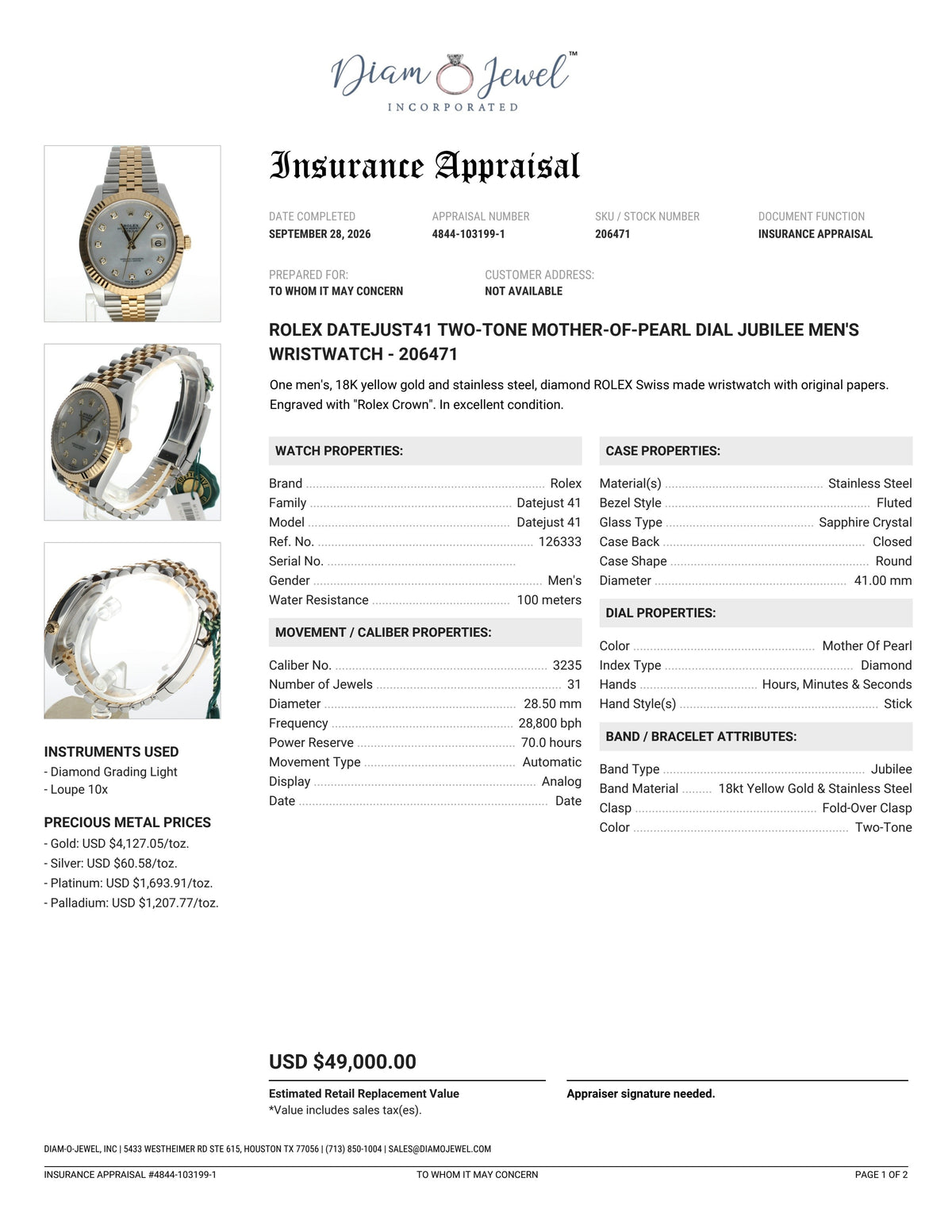 Rolex DateJust 41 Stainless-steel 126333 Mother-of-Pearl Dial Mens 41-mm Automatic self-wind Sapphire crystal. Swiss Made Wrist Watch