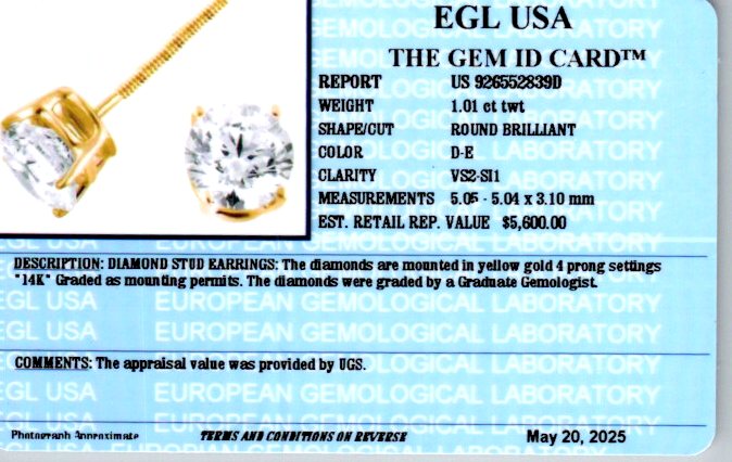 1.01 ct Studs-1, Diamond 14k Yellow Gold - 205910