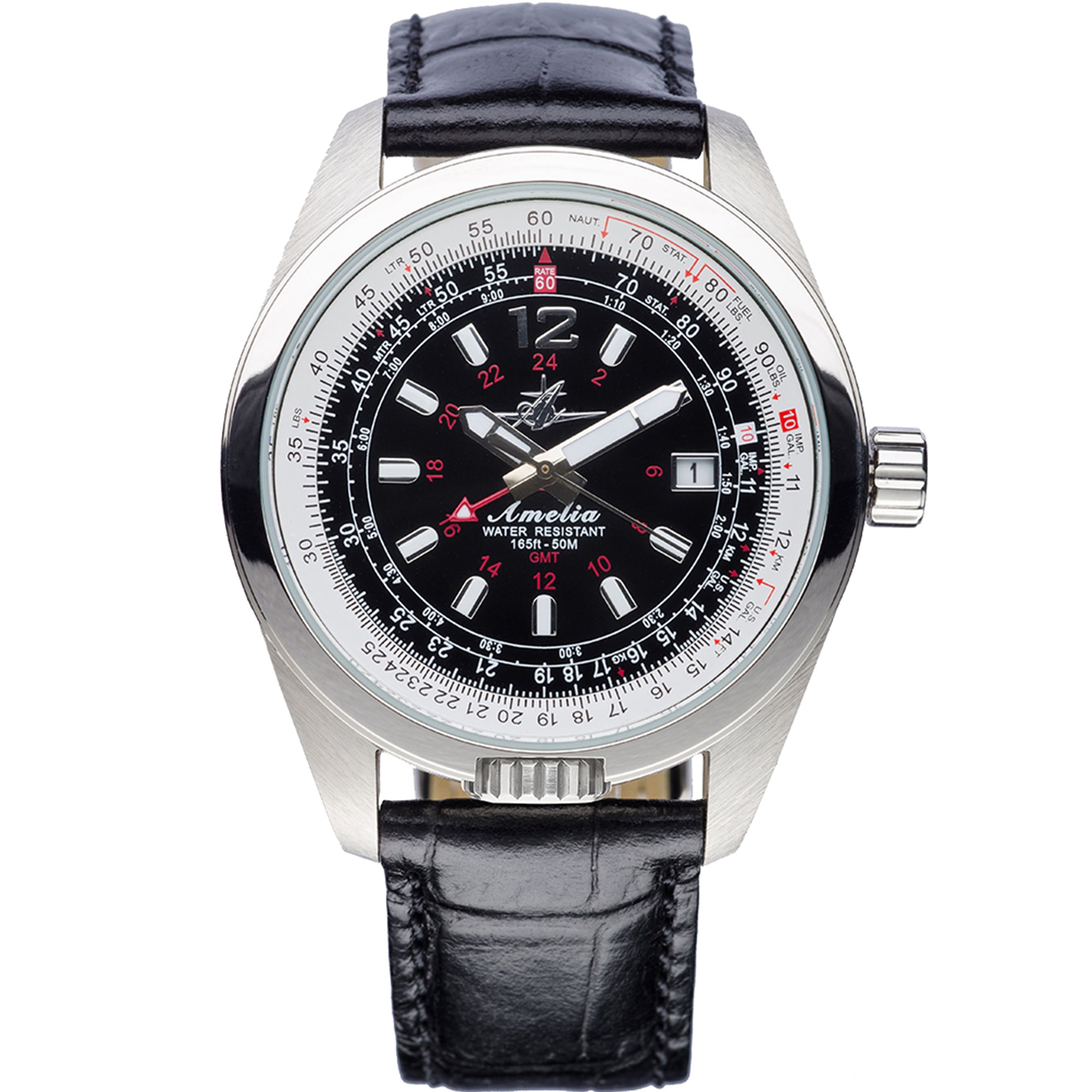 Abingdon Amelia Runway Black GMT Pilot Watch with Black Leather Strap AM-RB