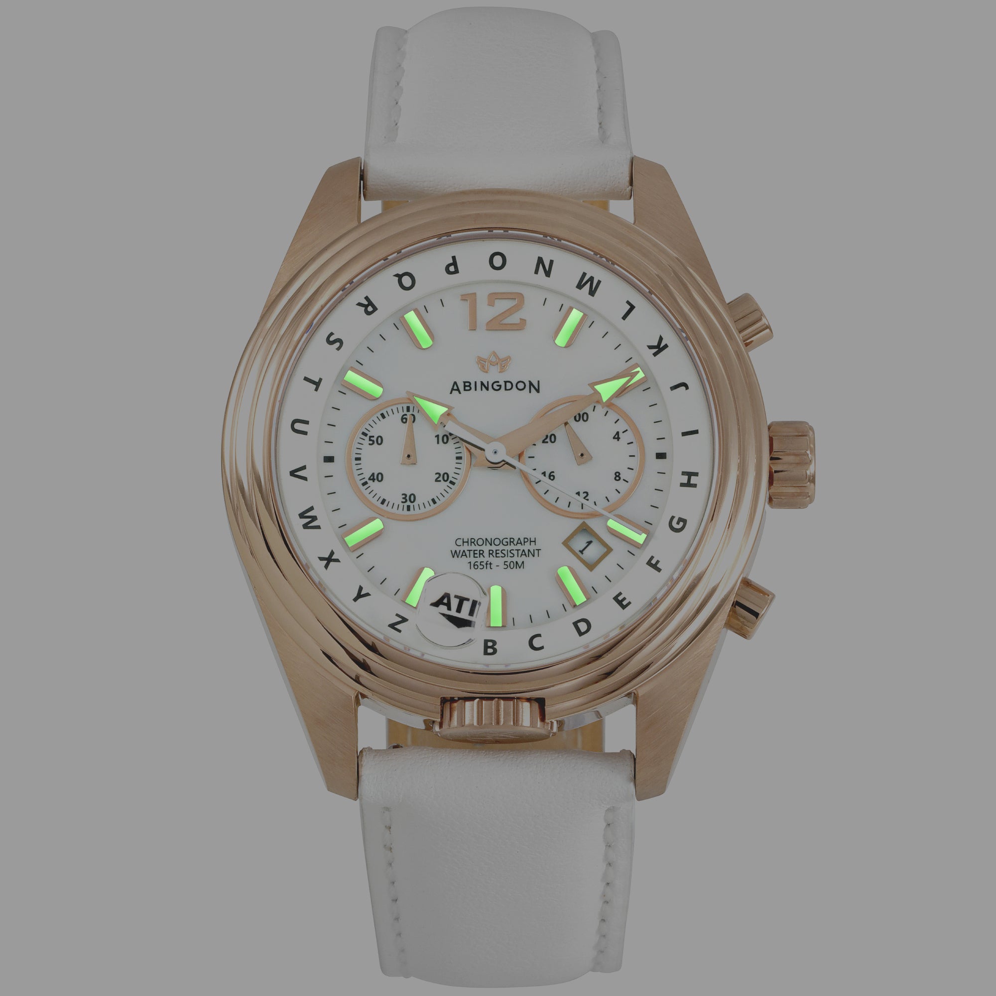 Abingdon Womens Katherine Rose Sun Chronograph ATIS Pilot Watch KA-RSUN with White Leather Strap