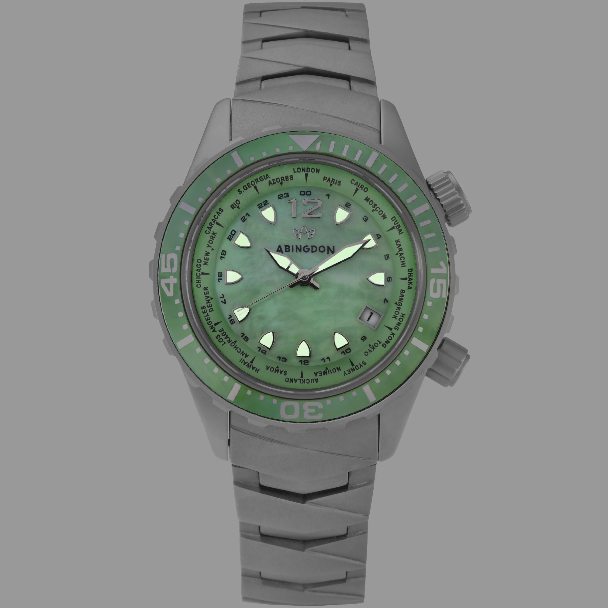 Abingdon Womens Marina Caribbean Green Automatic Diver's Multifunctional Titanium Watch Set MA-CGRE